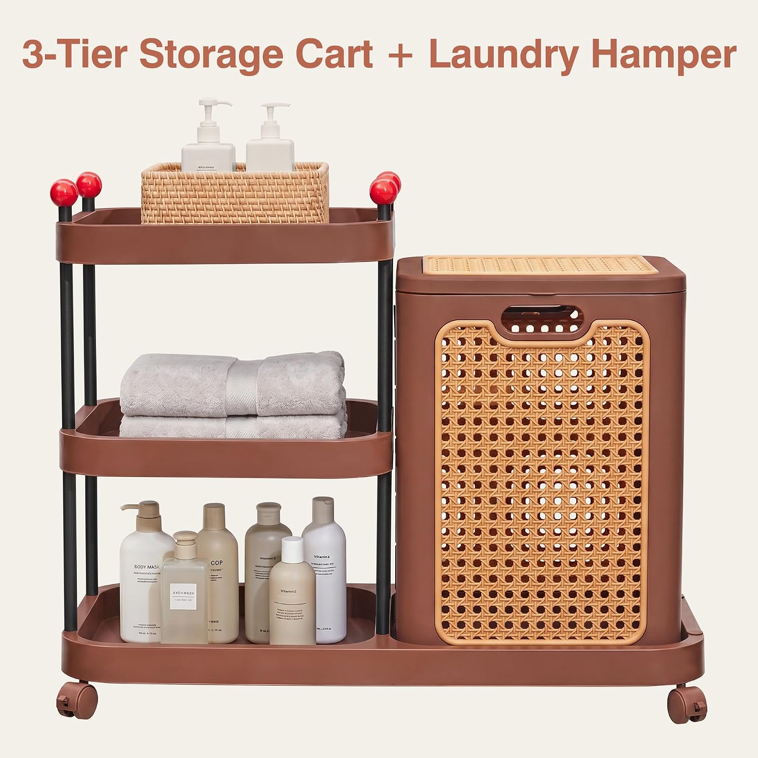 VECELO Rattan-Style Rolling Laundry Hamper Cart