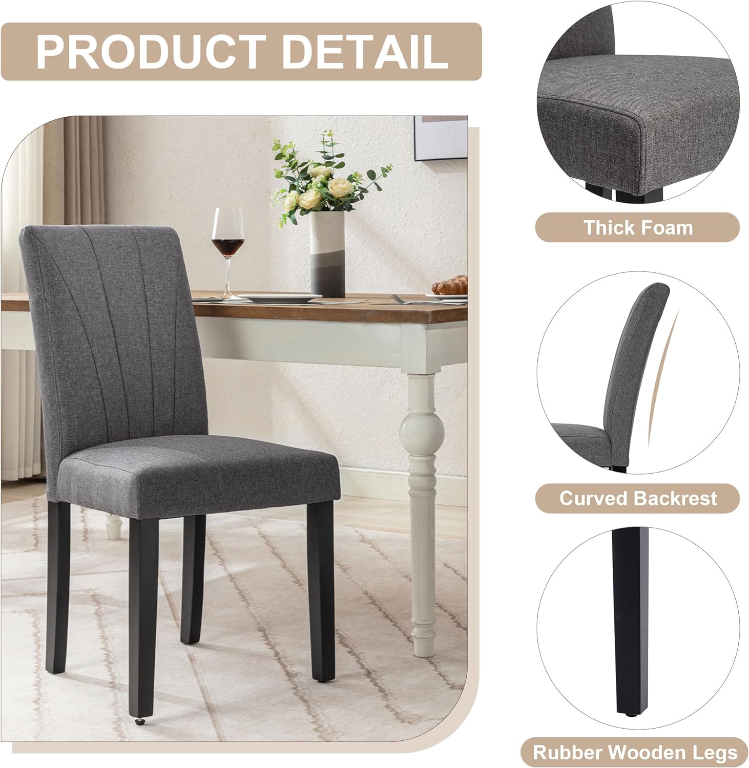 VECELO Set of 2 Upholstered Dining Chairs, Modern Fabric and Solid Wood Legs & High Back