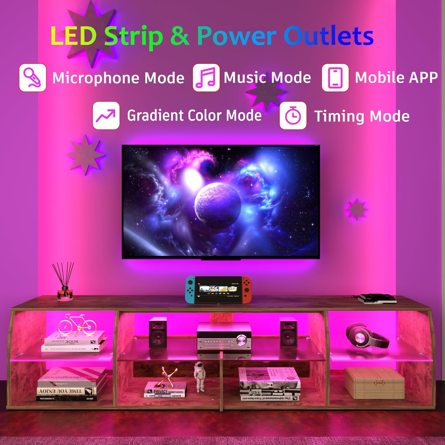  TV Stand with LED Strip & Power Outlets