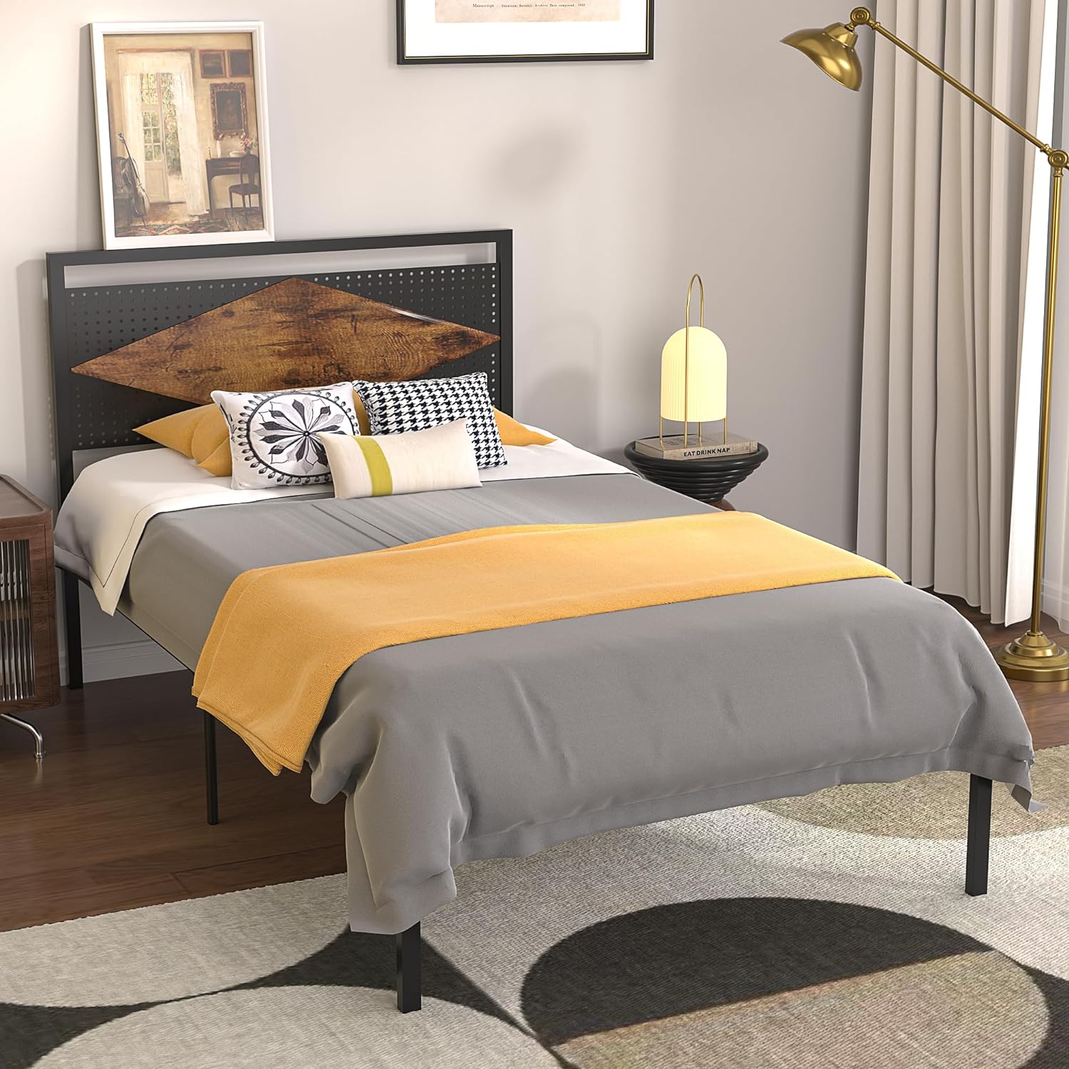 VECELO Metal Bed Frame Platform with Wood Grain Headboard&Footboard