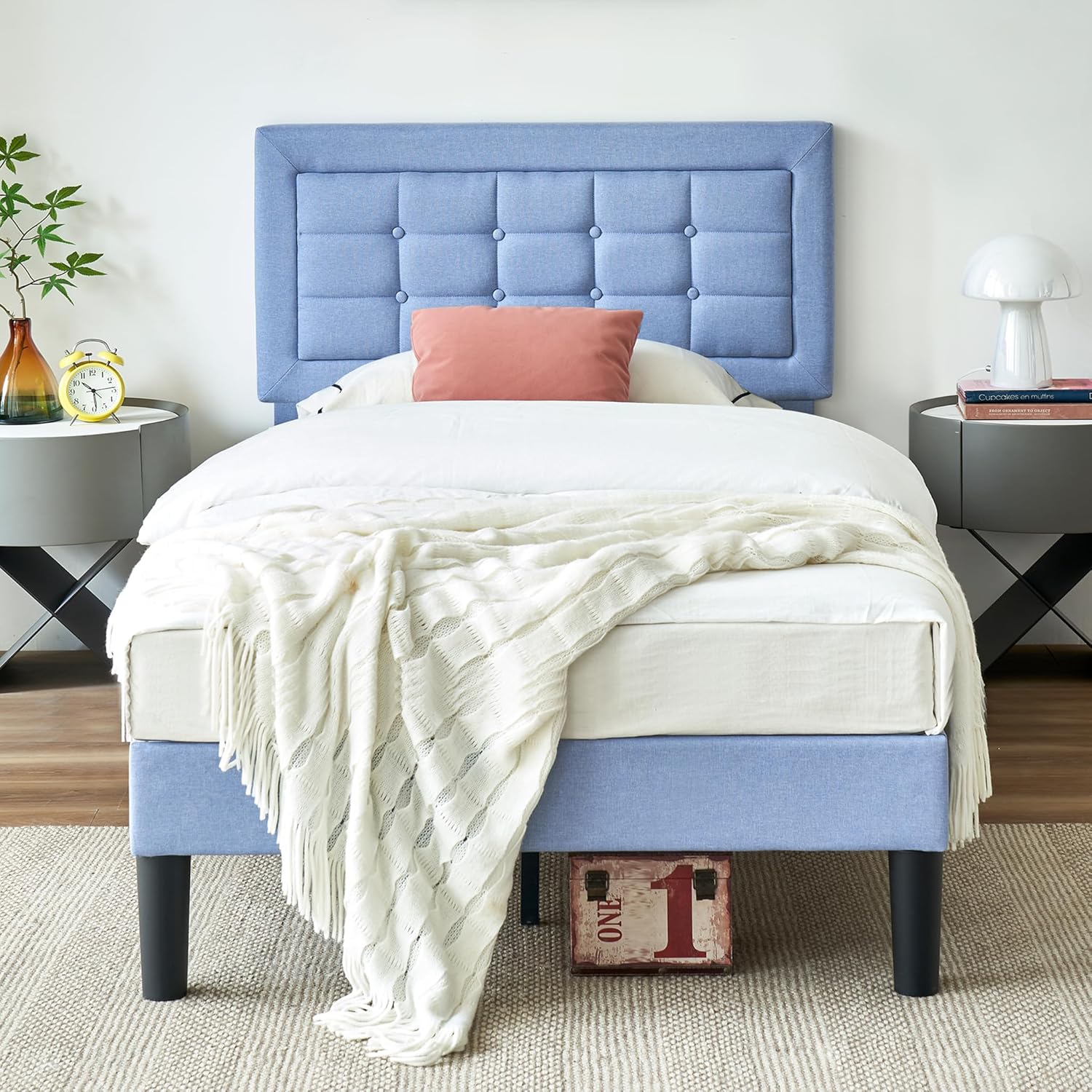 VECELO Upholstered Platform Bed Frame with Height Adjustable Headboard