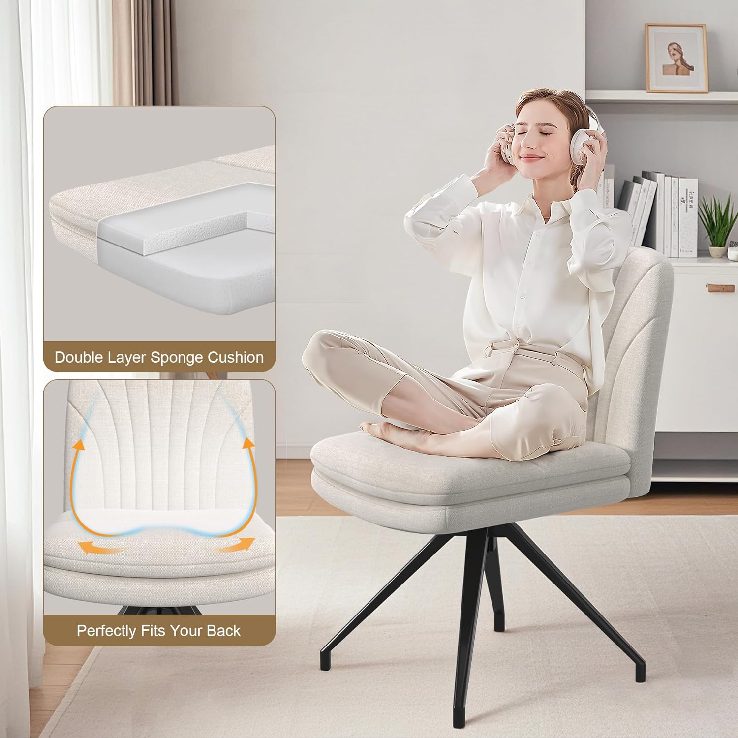 VECELO Armless Office Desk Chair, Criss Cross Legged Vanity Chair with Wide Padded Seat - VECELO