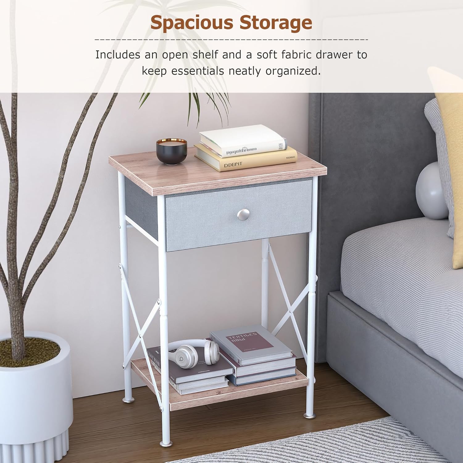 VECELO Nightstand with Drawer, Small Bedside Table with Storage and Adjustable Metal Legs