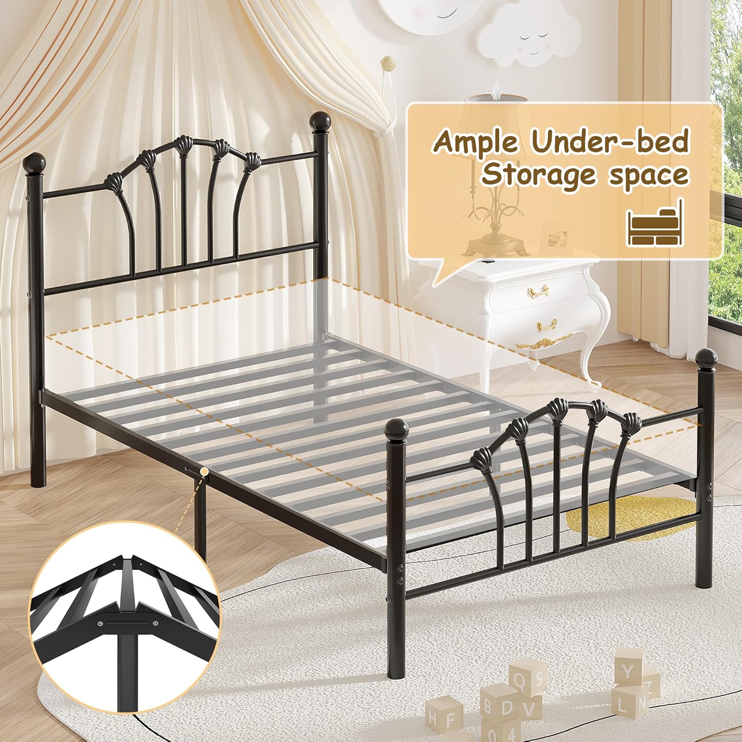 VECELO Twin Size Metal Bed Frame with Shell Headboard and Footboard