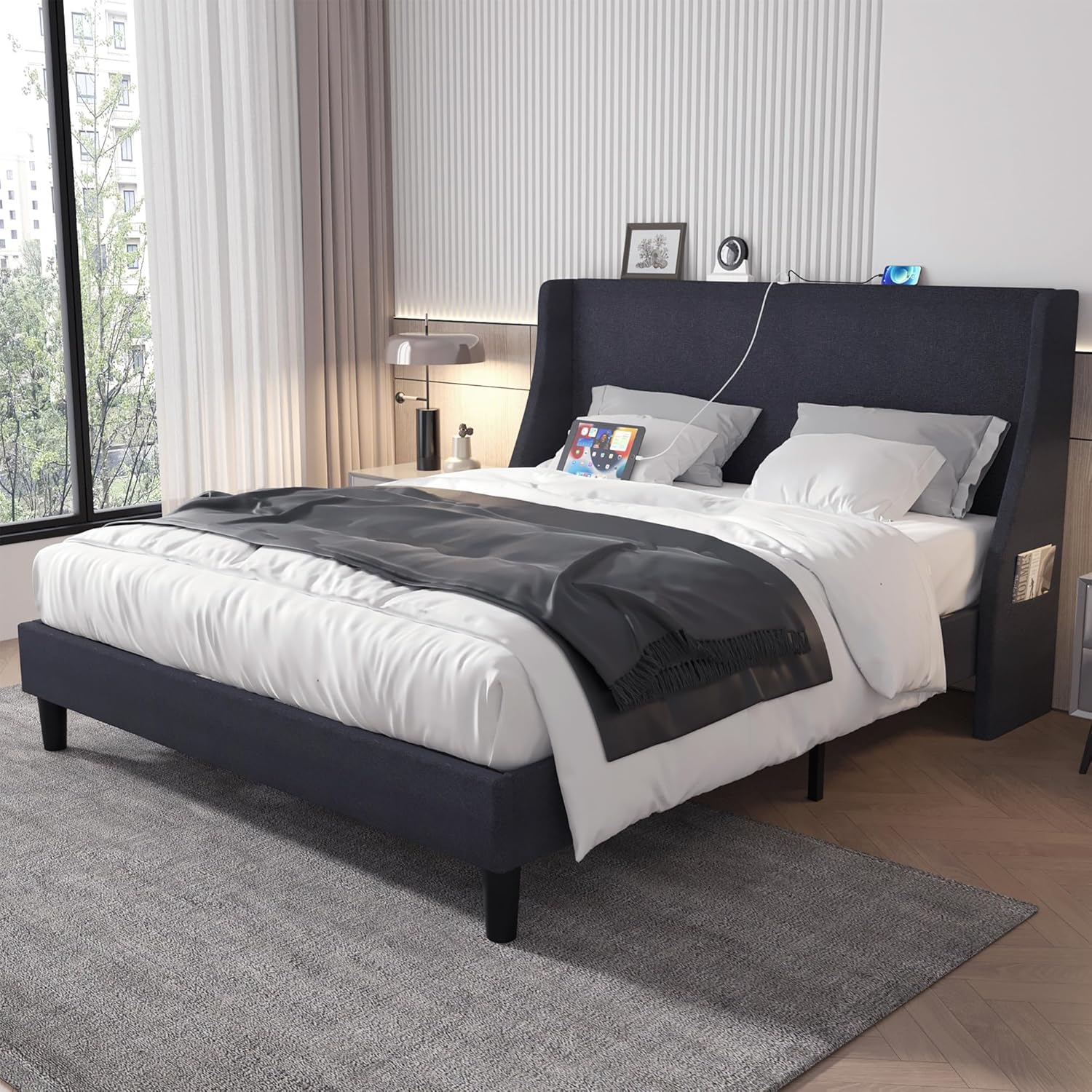 VECELO Bed Frame with Upholstered Wingback Headboard