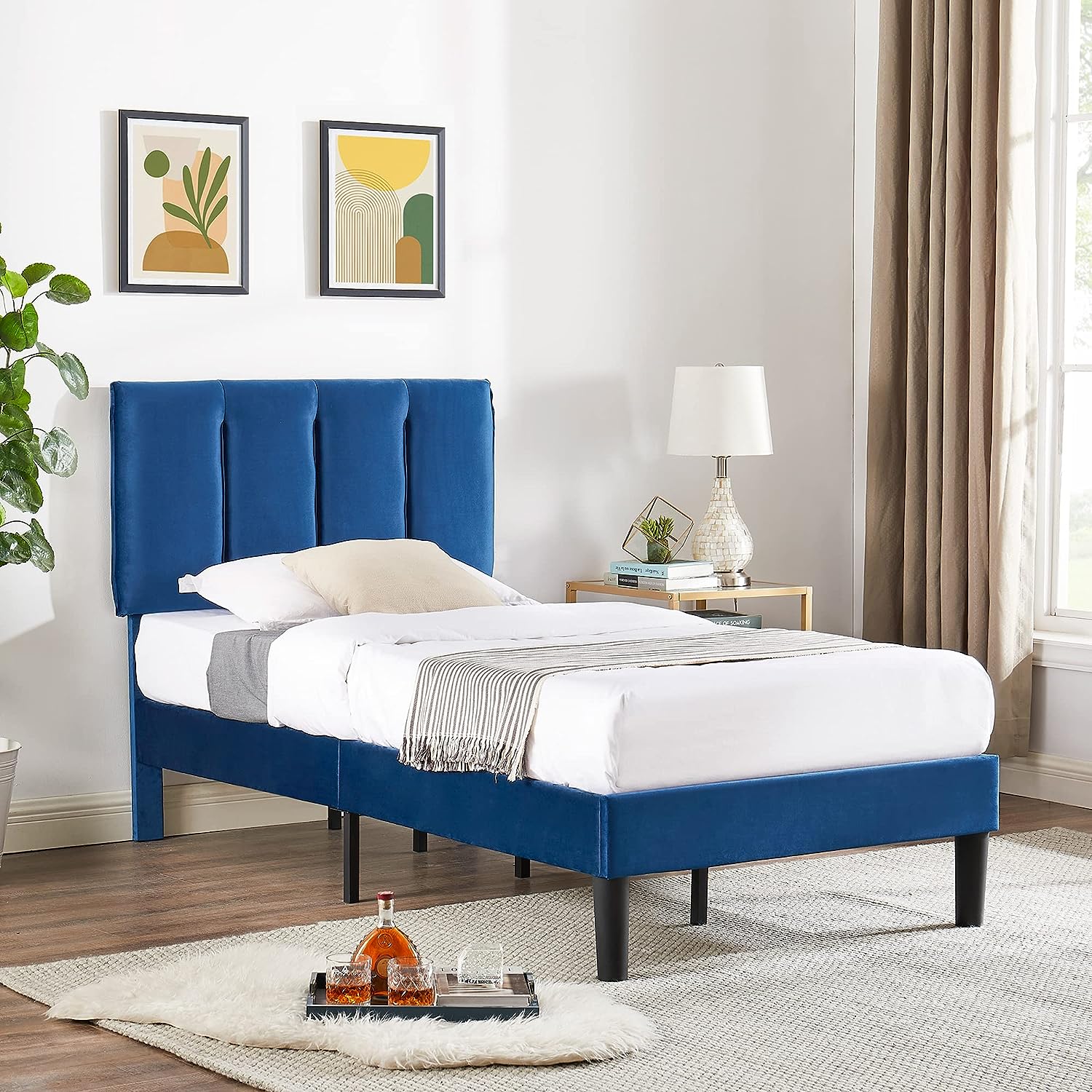 VECELO Modern Upholstered Platform Bedframe, Adjustable Headboard