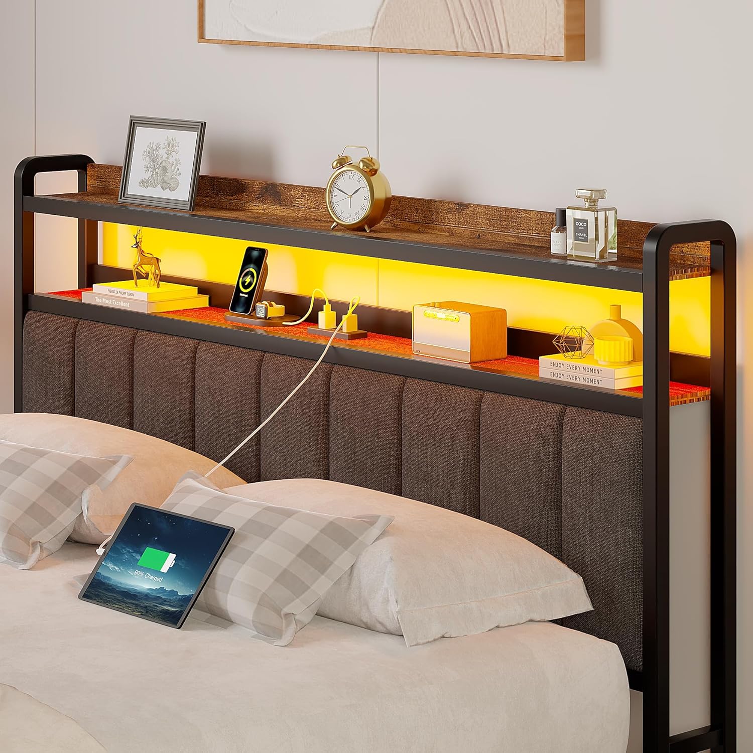VECELO Bed Frame with LED Lights and Bench