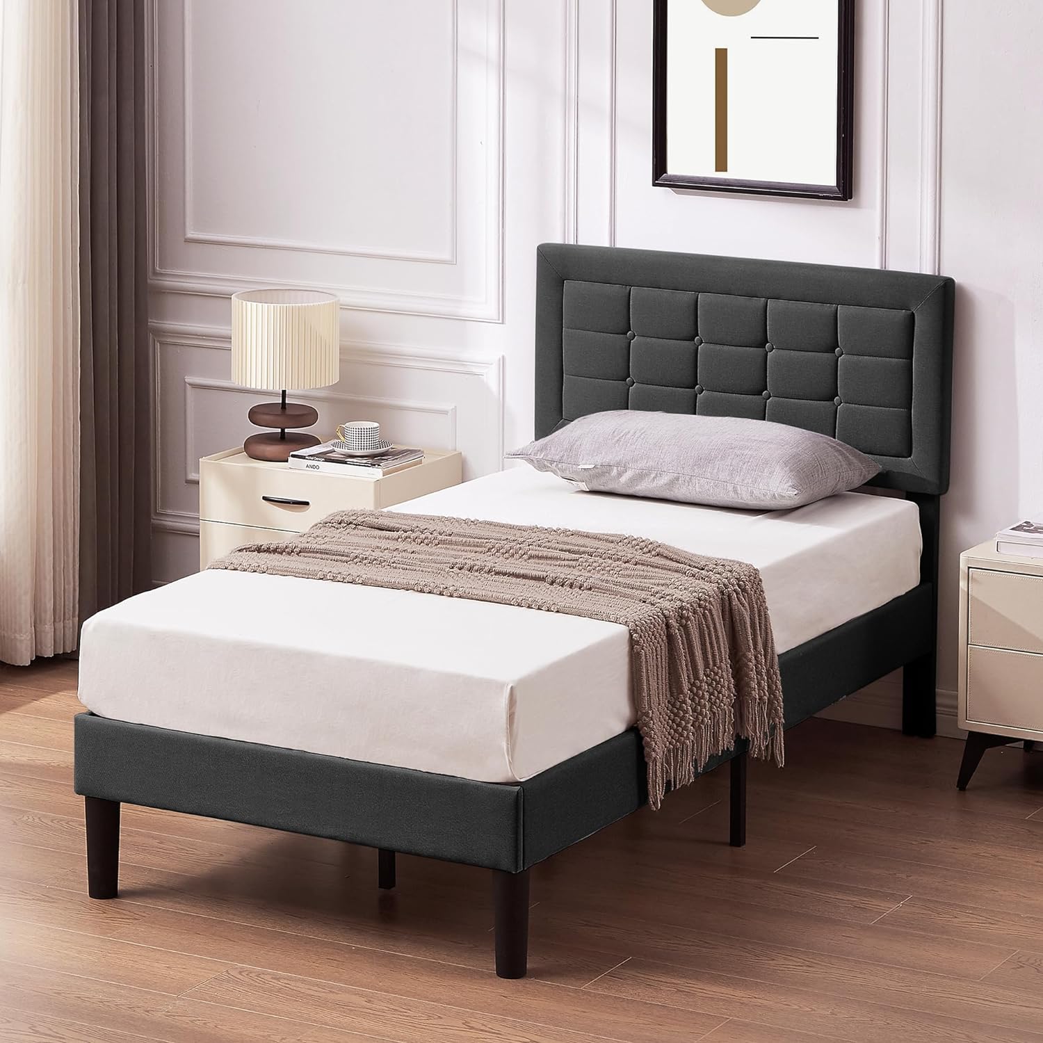 VECELO Upholstered Platform Bed Frame with Height Adjustable Headboard
