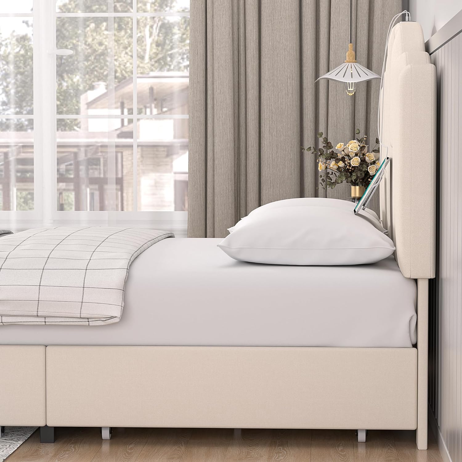VECELO Upholstered Platform Bed Frame with Type-C & USB Charging Stations