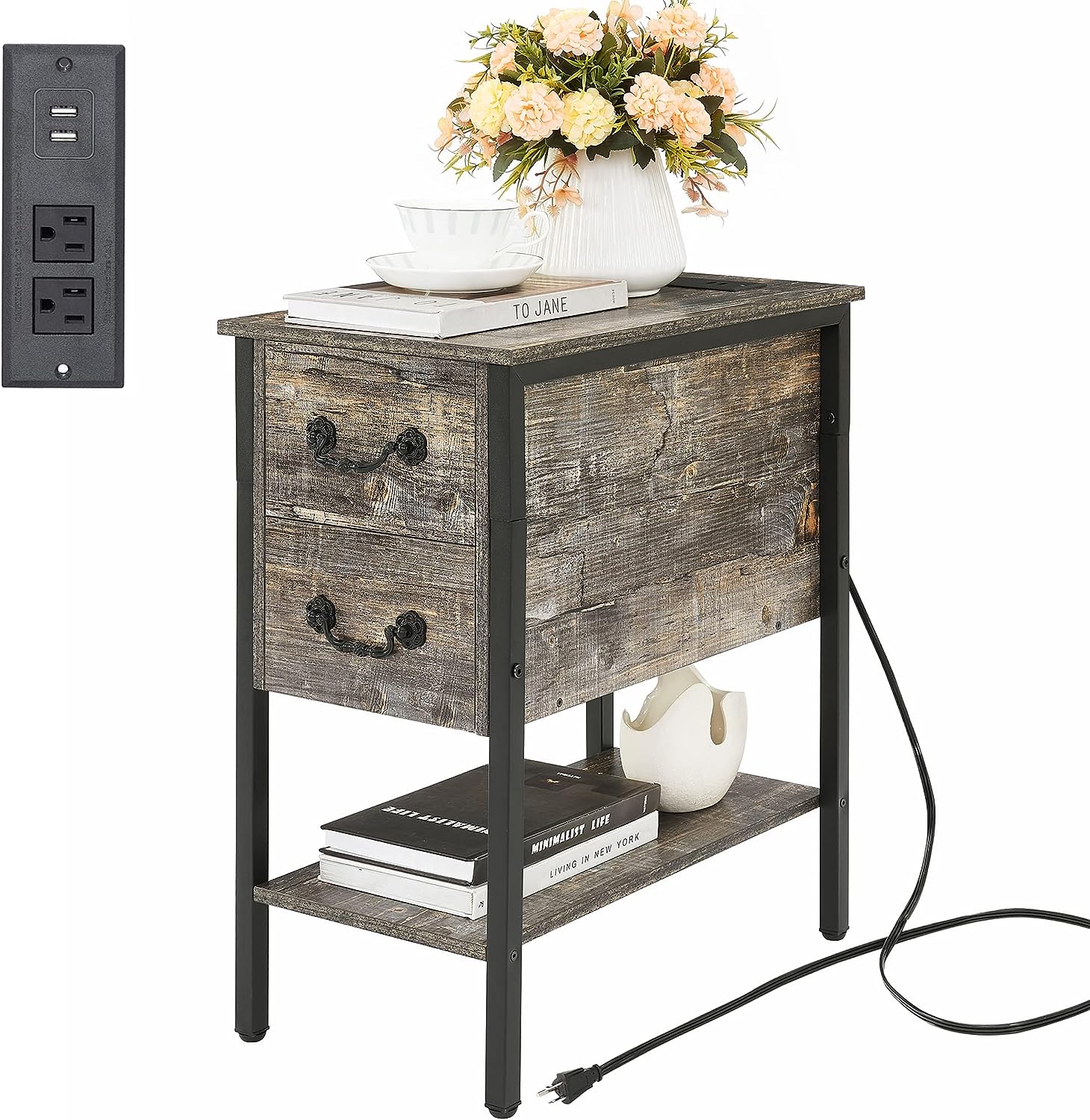 VECELO End Tables,Narrow Nightstands with Charging Station & USB Ports &Drawers