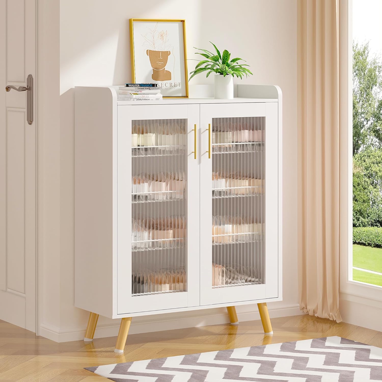 VECELO 4-Tier Shoe Storage Cabinet with Glass Doors and Shelves