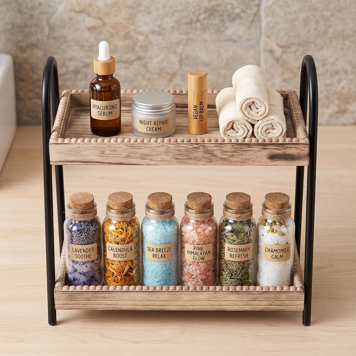 VECELO Bathroom Counter Organizer Wood Bead Makeup Organizer Countertop