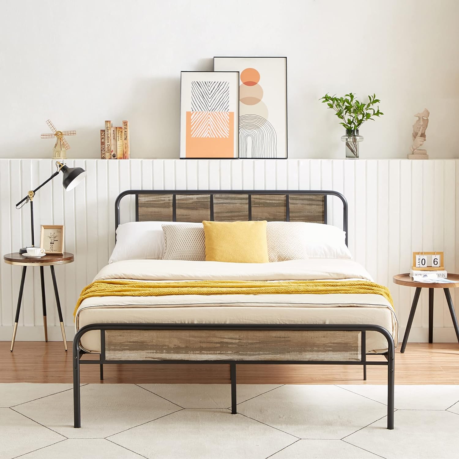 VECELO Bed Frame Metal Platform with Wooden Headboard Footboard Heavy Duty Mattress Foundation - VECELO