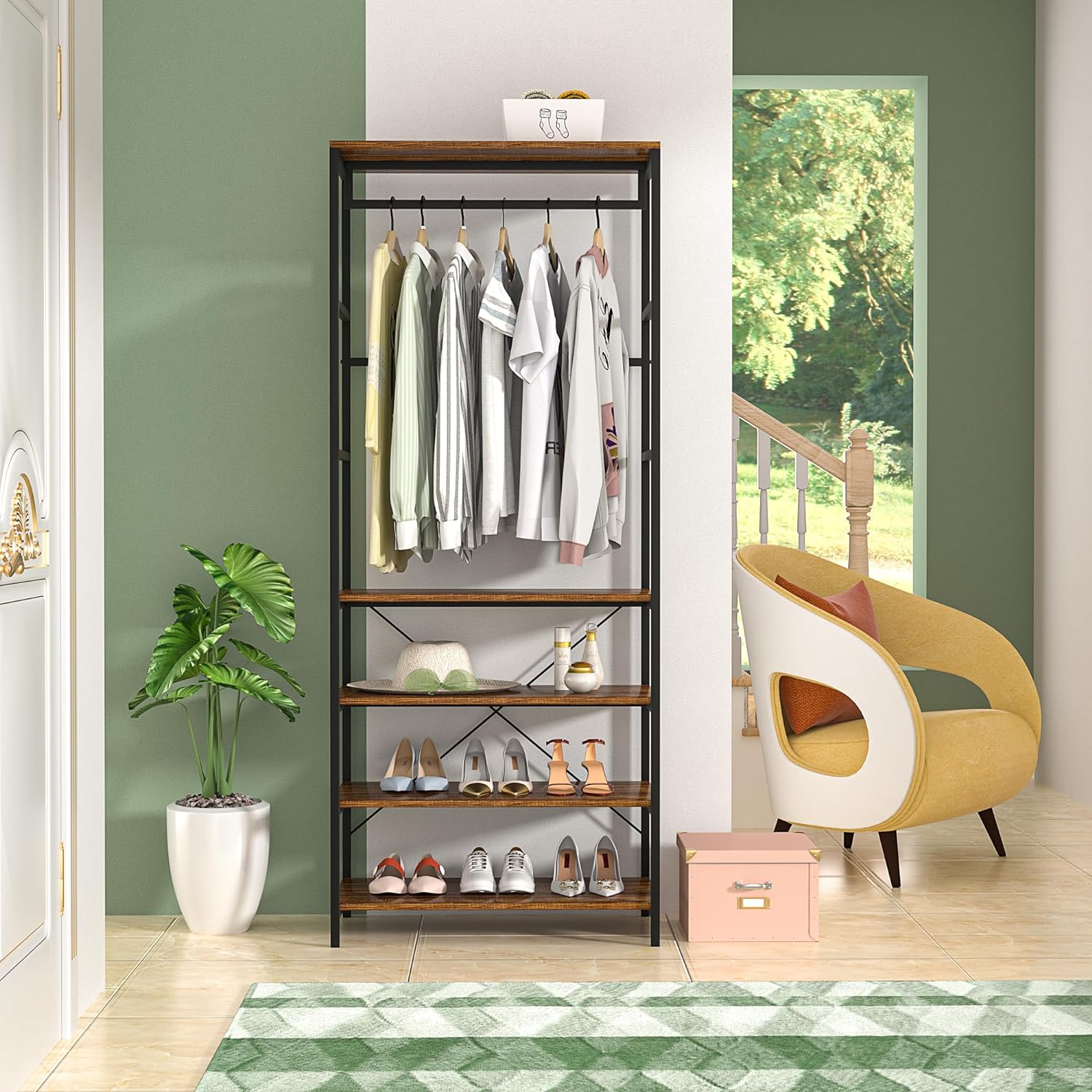 VECELO Coat, Entryway Hall Tree with 4-Tier Shoe Rack and Hanging Rod - VECELO