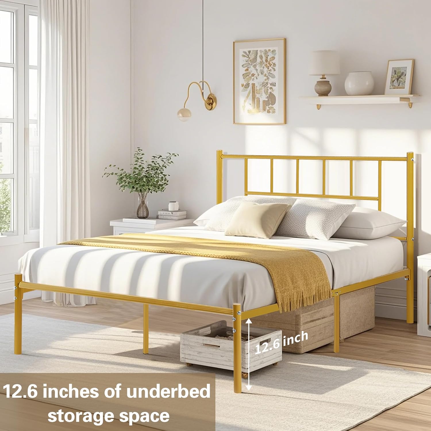 VECELO Bed Frame, 14 Inch Metal Platform with Headboard, Heavy Duty Steel Slat Support - VECELO