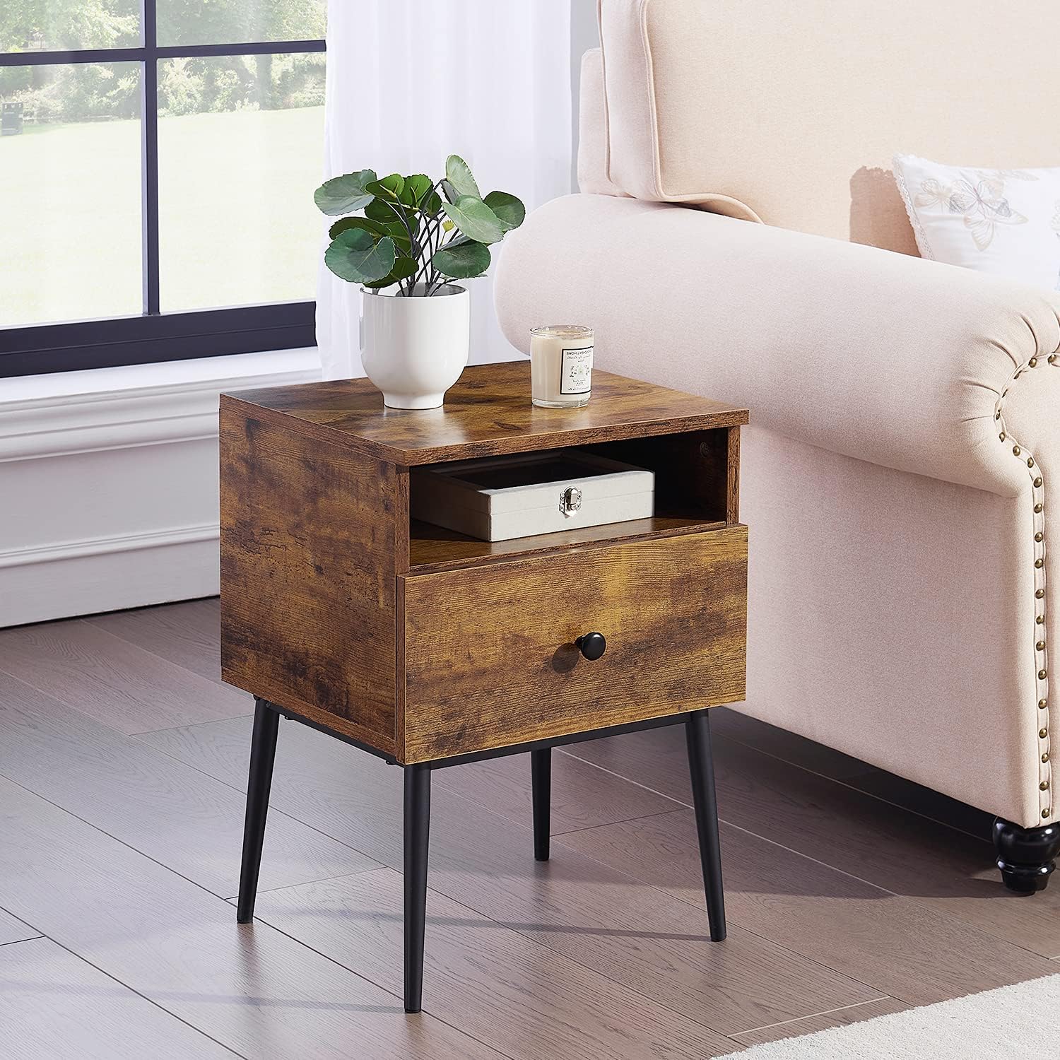 Modern Nightstand Square End Side Table with Drawer and Storage Space