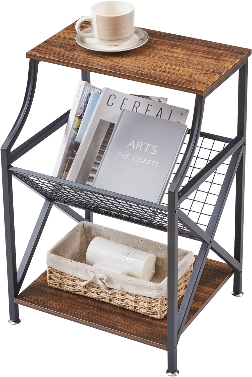 VECELO 3-Tier End Table with Storage Magazine Holder - VECELO