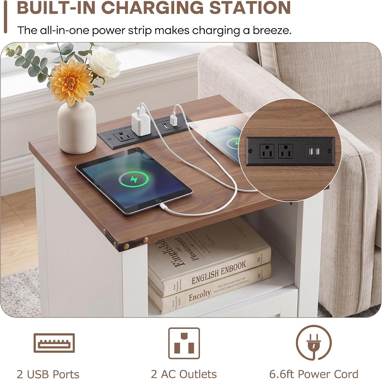 VECELO Farmhouse Nightstand with Charging Station