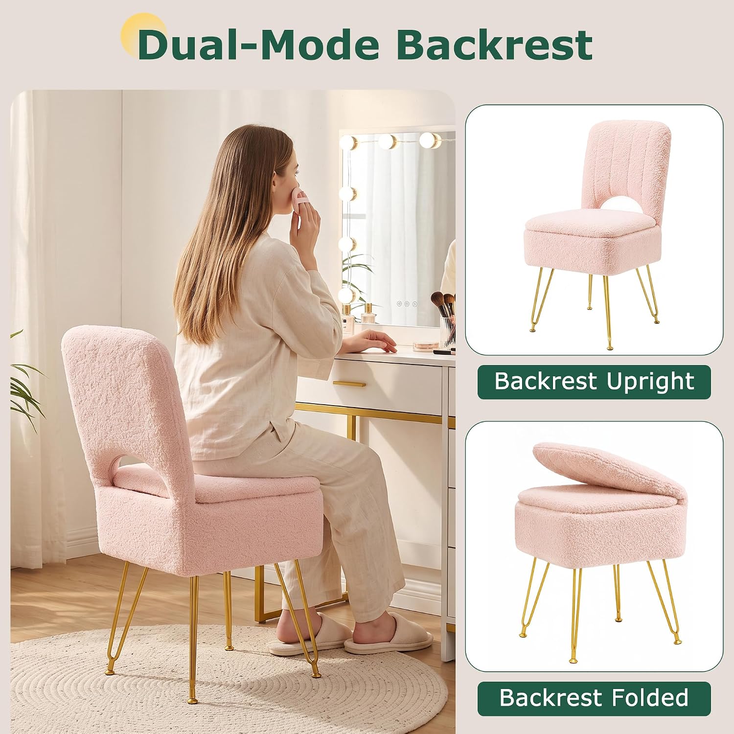 VECELO Vanity Stool Chair with Storage and Folding Back
