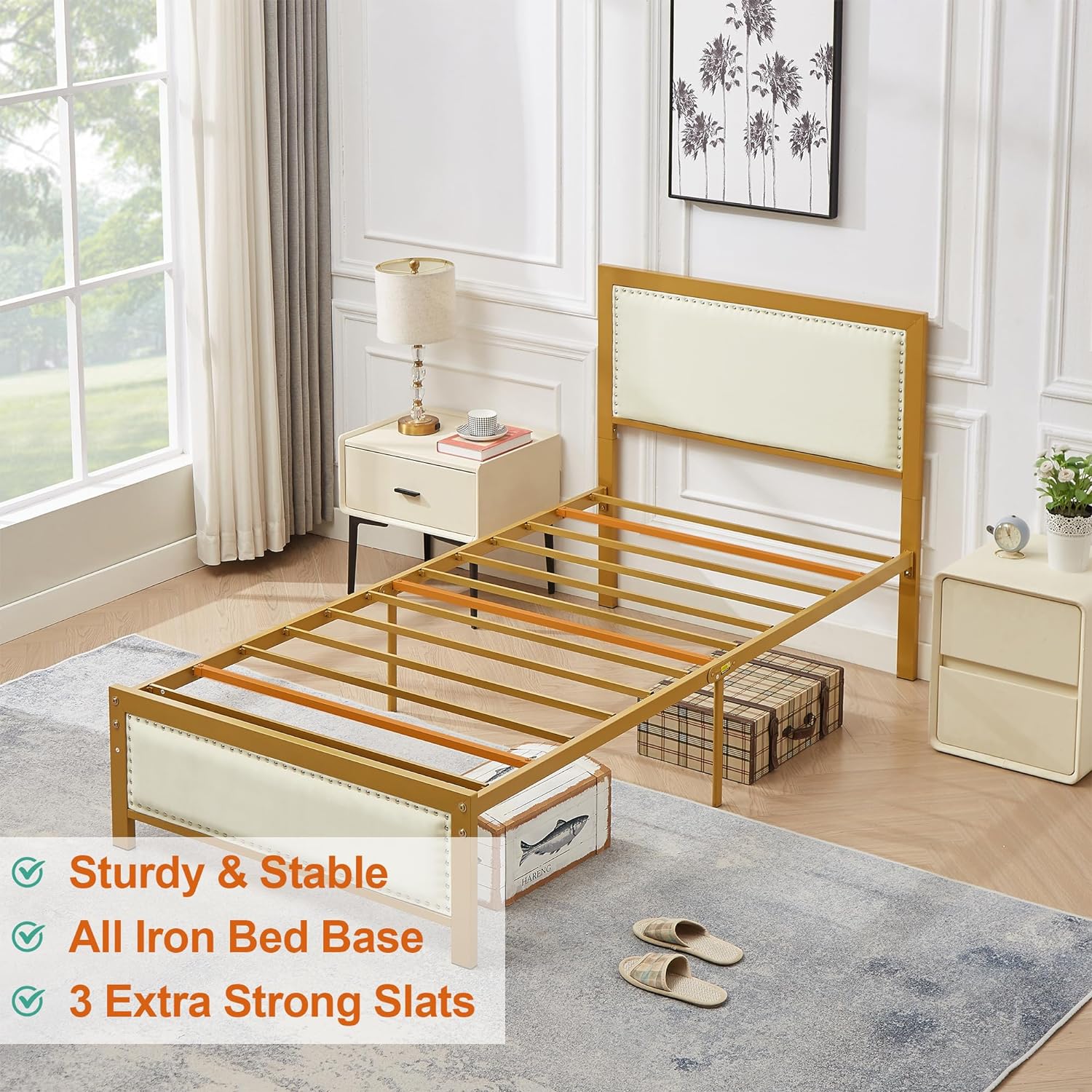 VECELO Bed Frame with Linen Fabric Headboard and Footboard No Box Spring Needed - VECELO
