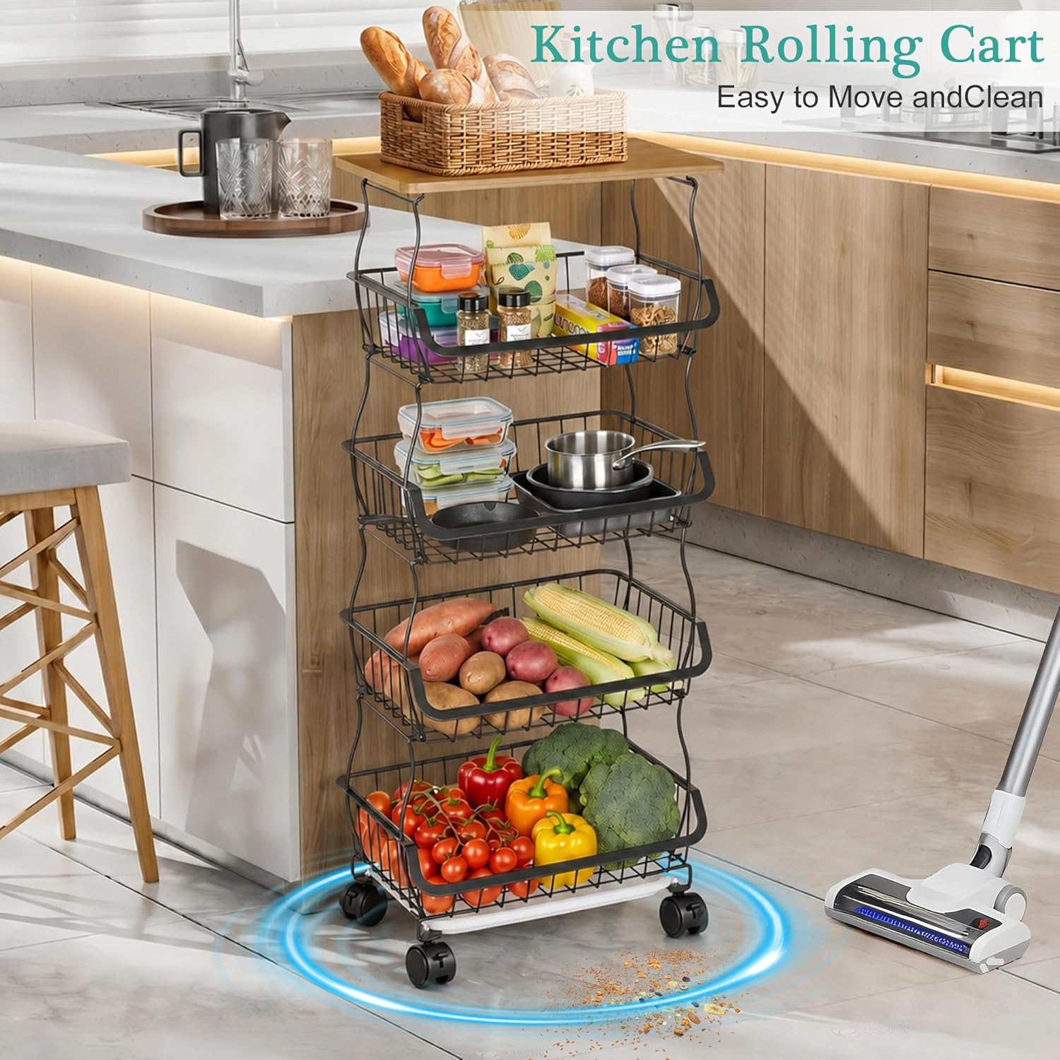 VECELO 4-Tier Fruit Basket with Wheels