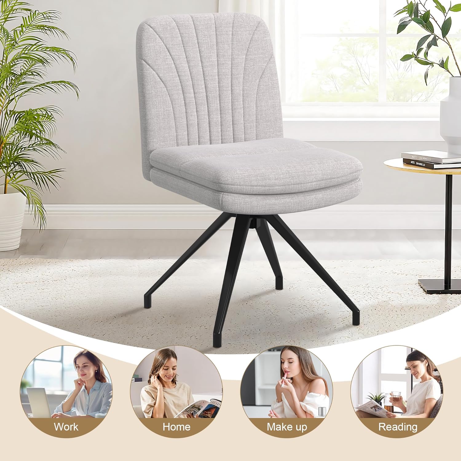 VECELO Armless Office Desk Chair, Criss Cross Legged Vanity Chair with Wide Padded Seat - VECELO