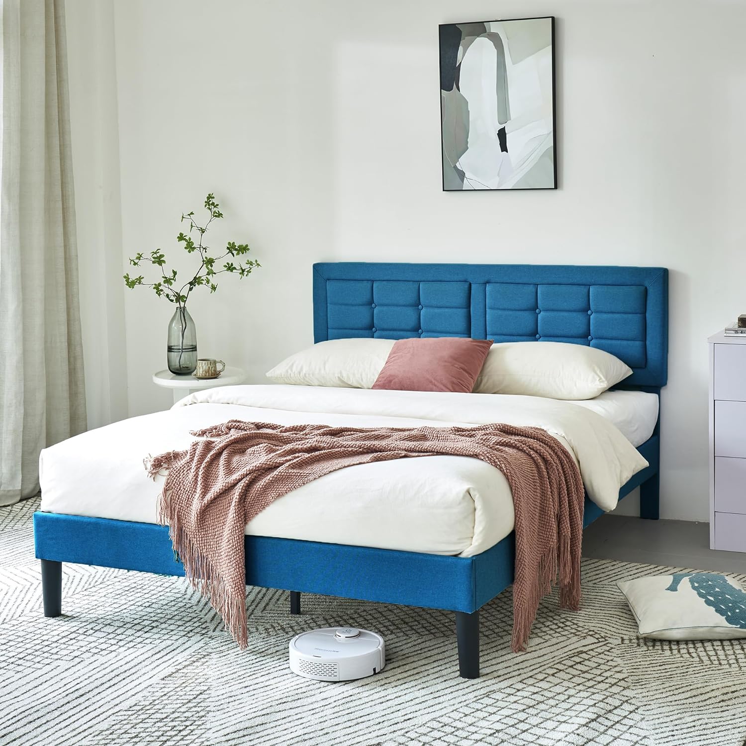 VECELO Upholstered Platform Bed Frame with Height Adjustable Headboard