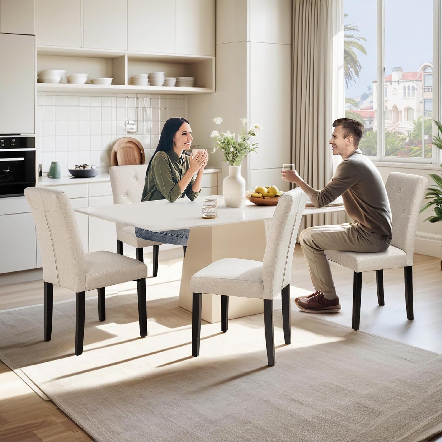 VECELO Upholstered Dining Set of 2 Modern Fabric Dinning Chair with Solid Wood Legs and High Back