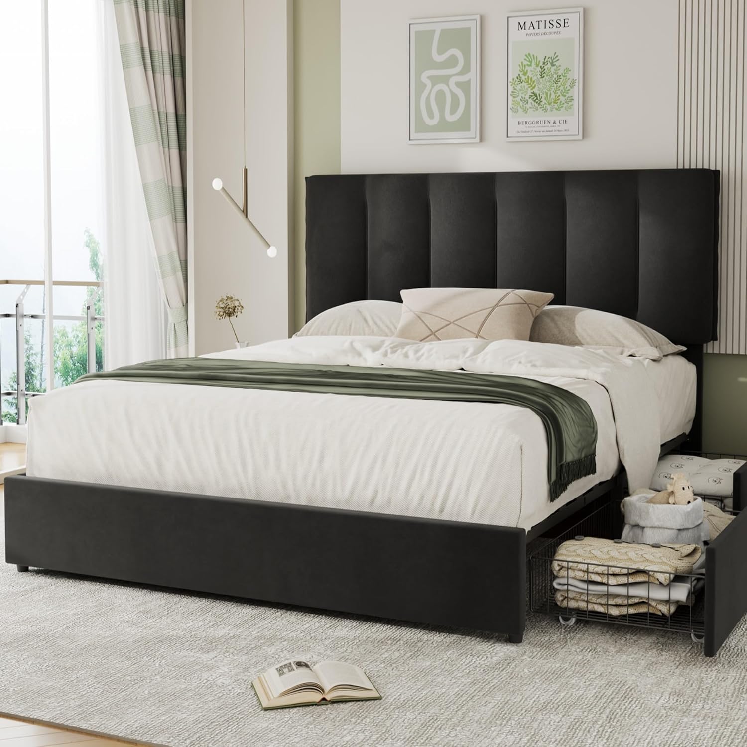 VECELO Upholstered Bed Frame with 4 Storage Drawers and Adjustable Velvet Headboard