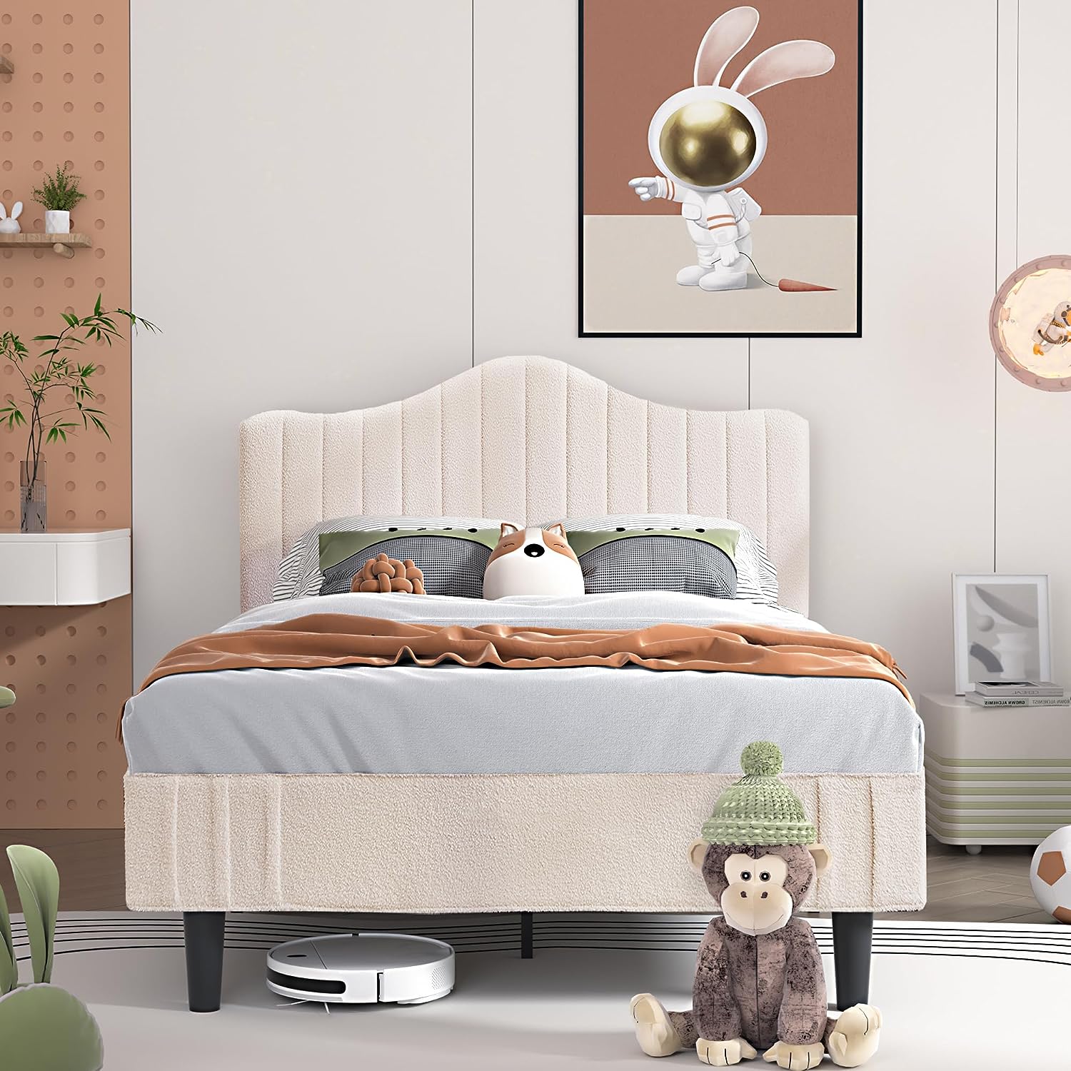 VECELO Upholstered Platform Bed Frame with Sheepskin Fabric Adjustable Headboard/Strong Wood Slats Supports