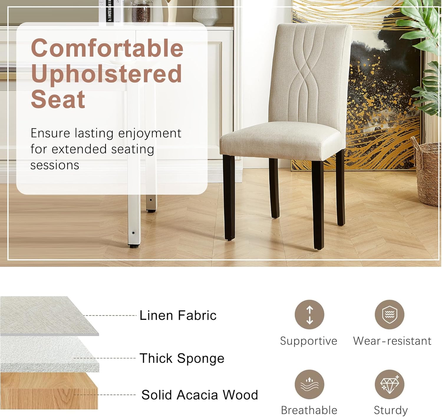 VECELO Upholstered Dining Chairs Set of 2 Modern Fabric and Solid Wood Legs & High Back