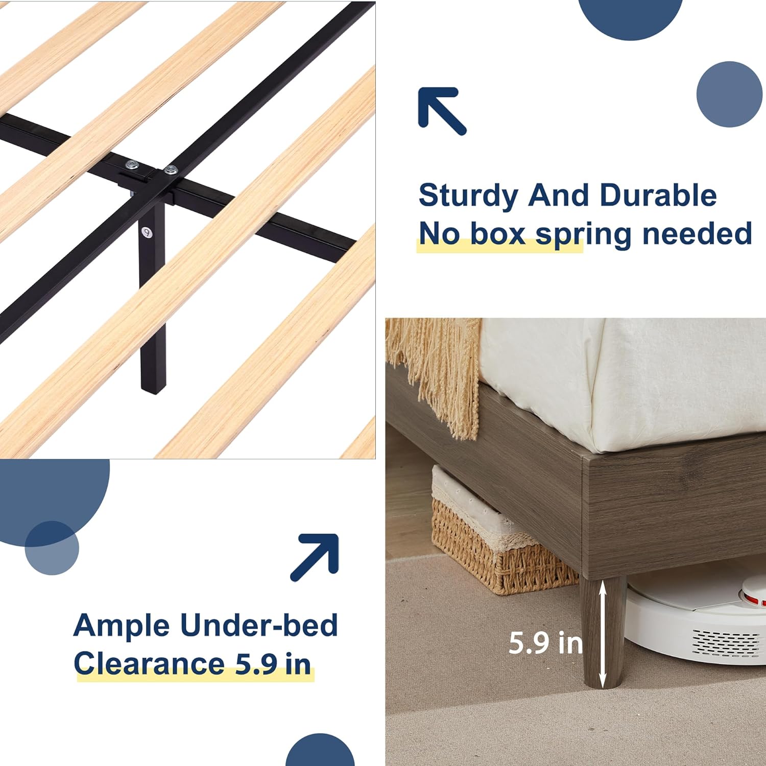 VECELO Upholstered Platform Bed Frame with Height-Adjustable Cotton and Linen Headboard