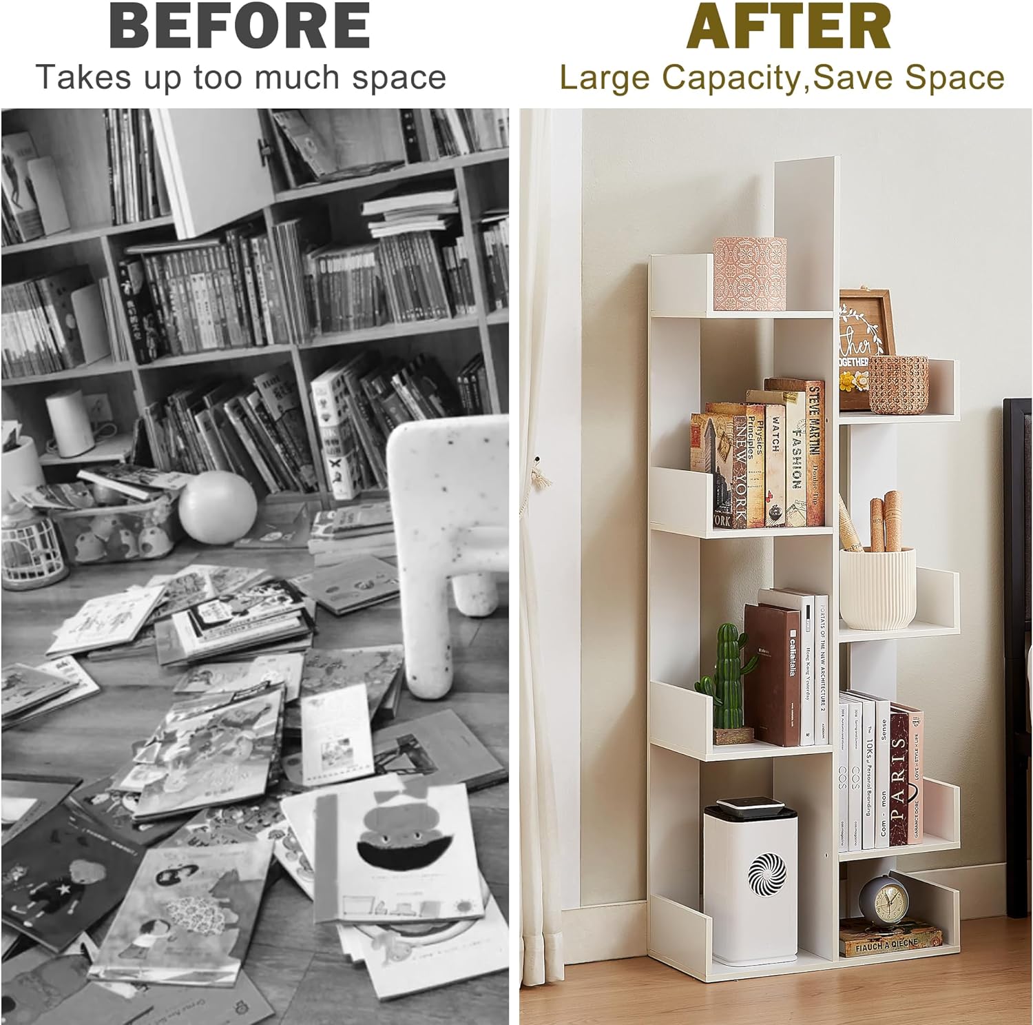 VECELO Tree Bookshelf, Geometric 8 Shelf Tree Bookcase Wood Bookshelves Display