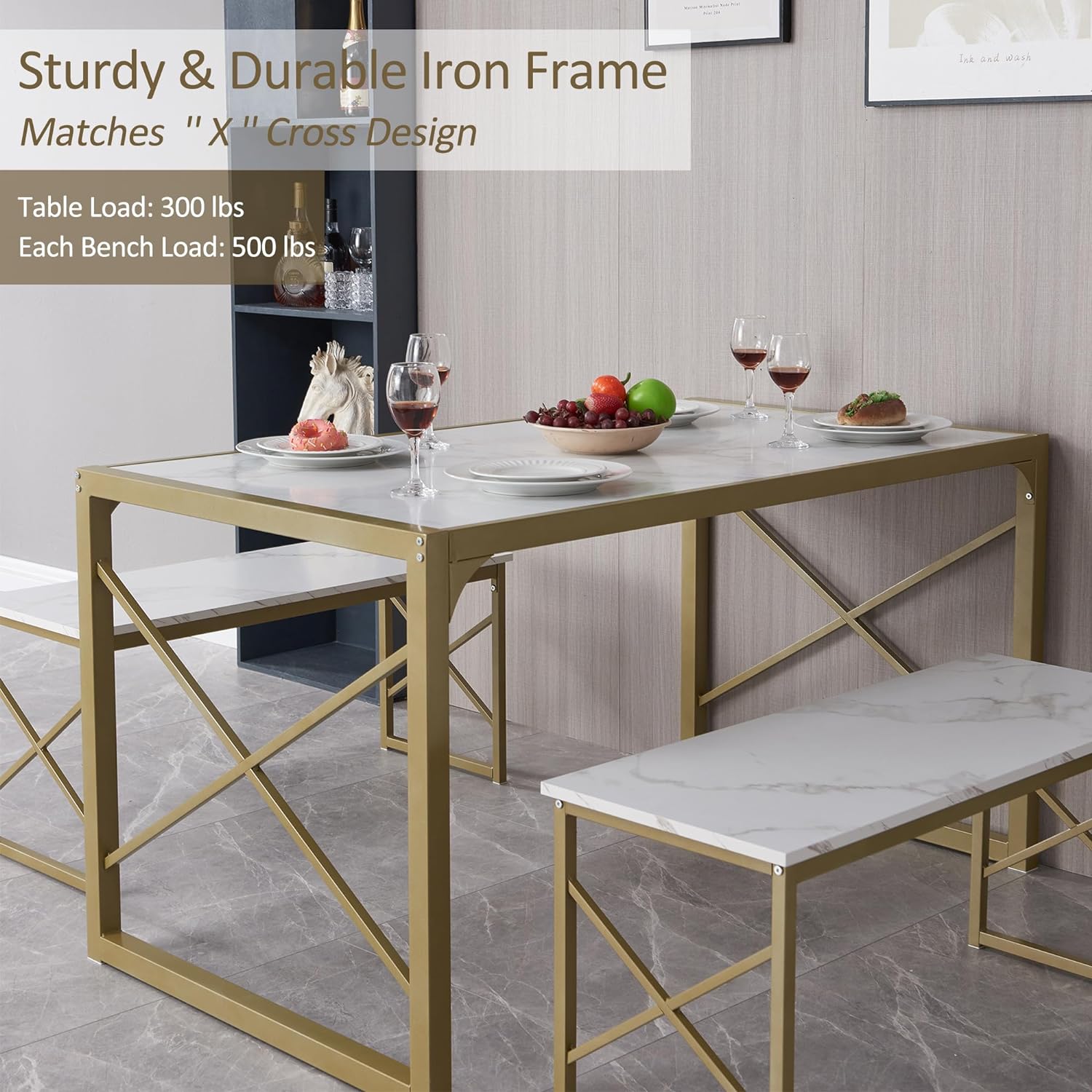 VECELO Kitchen Table with 2 Benches for 4