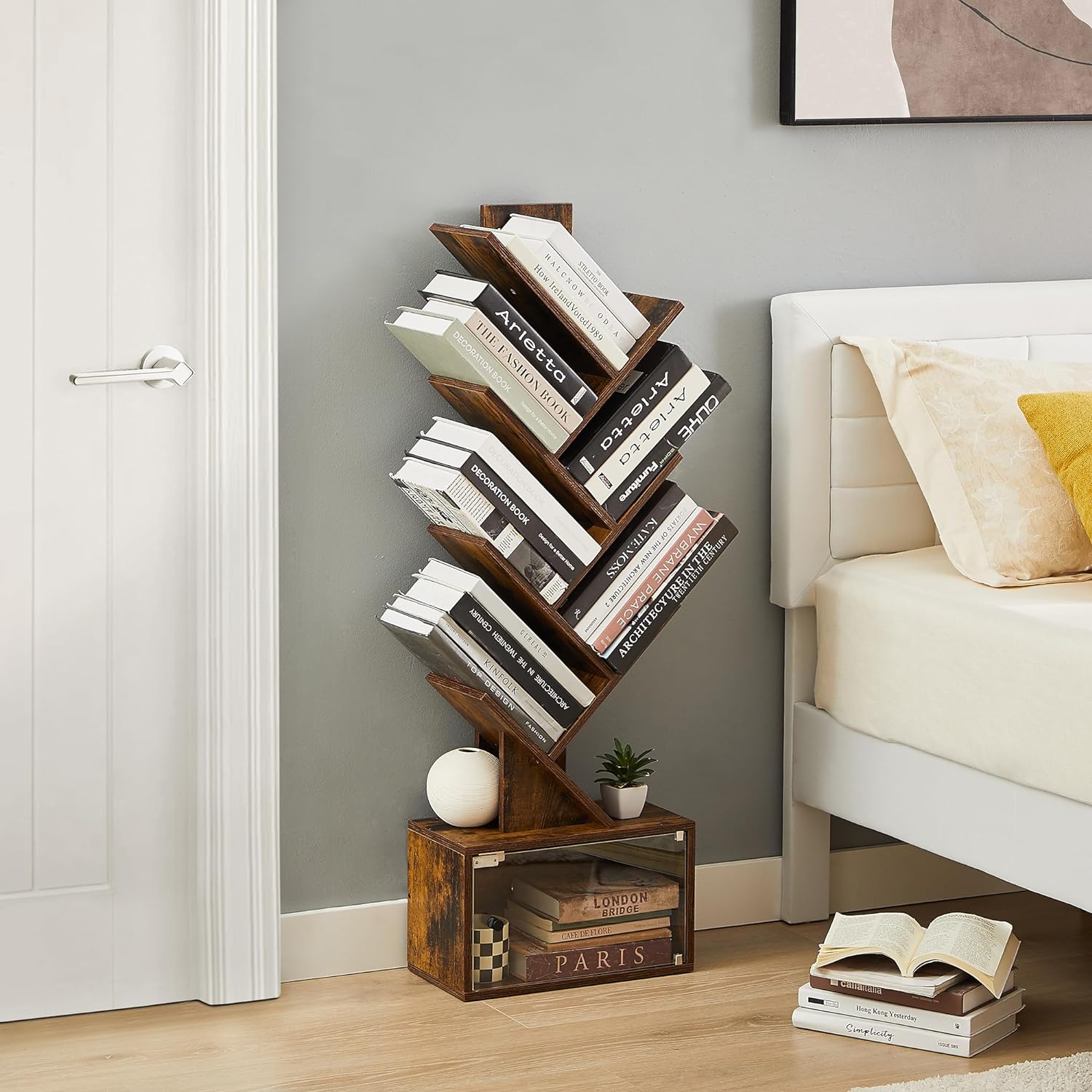 VECELO Tree Bookshelf, 7-Tier Tree Bookcase Wood Shelves Display with Storage Cabinet