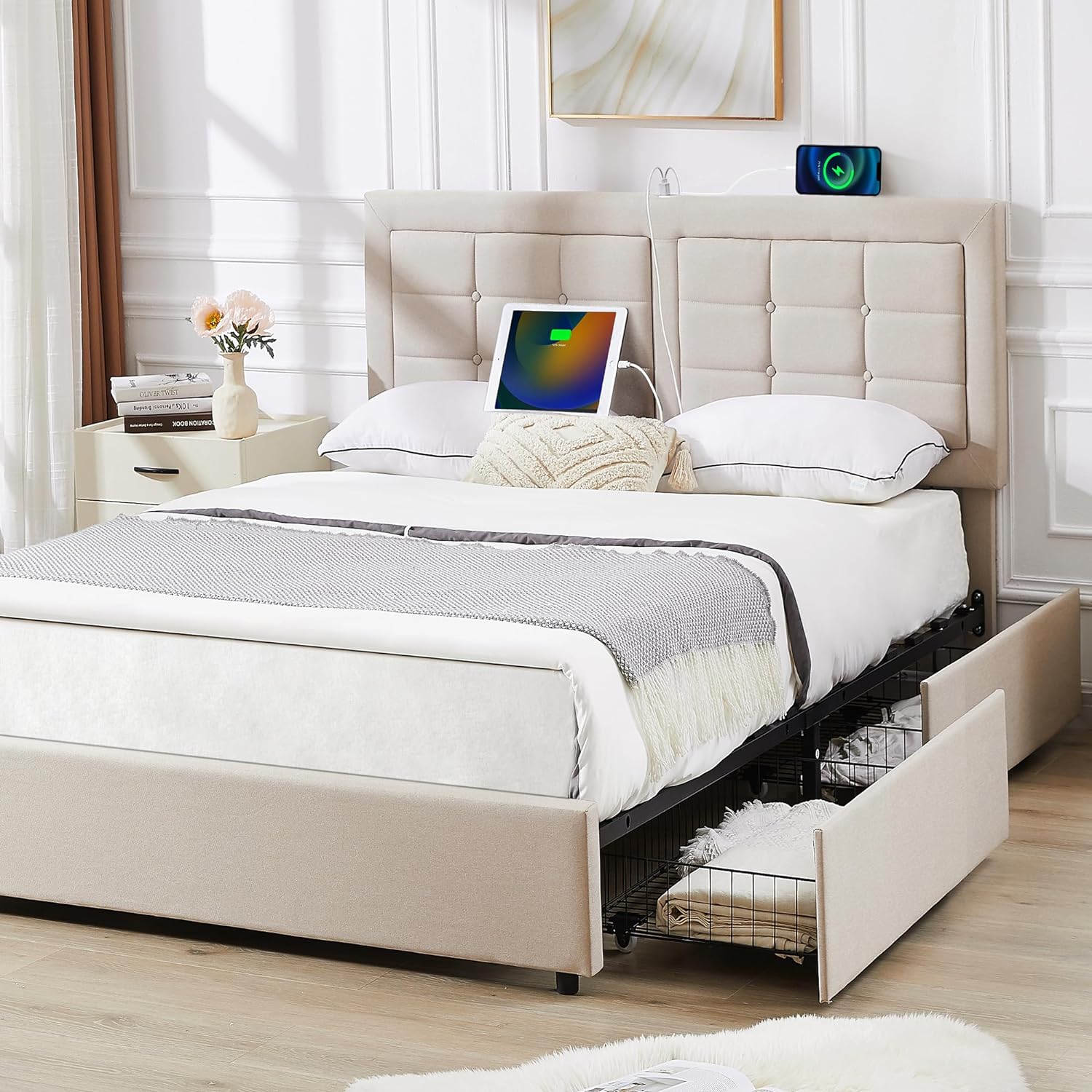 VECELO Bed Frame with 4 Drawers, Adjustable Tufted Button Headboard