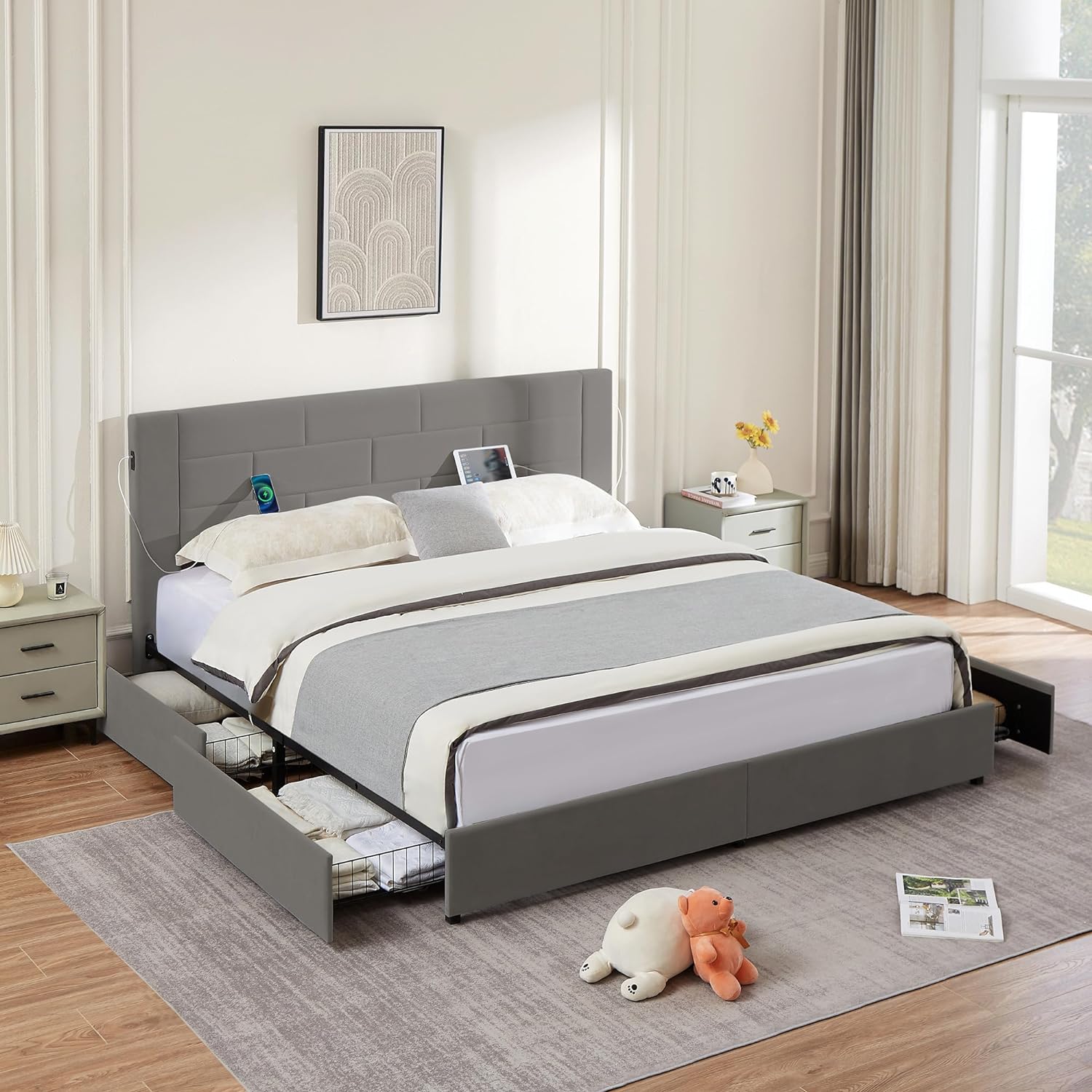 Modern Upholstered Bed Frame with USB Charge Station-Ports for Type A & Type C