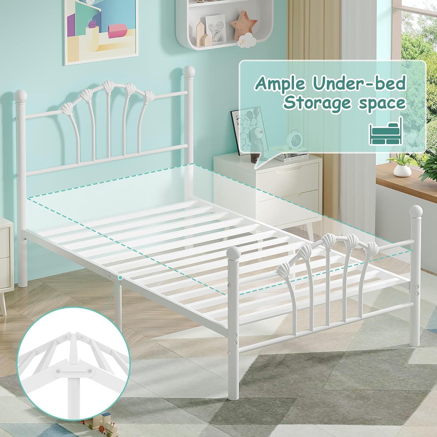 VECELO Twin Size Metal Bed Frame with Shell Headboard and Footboard