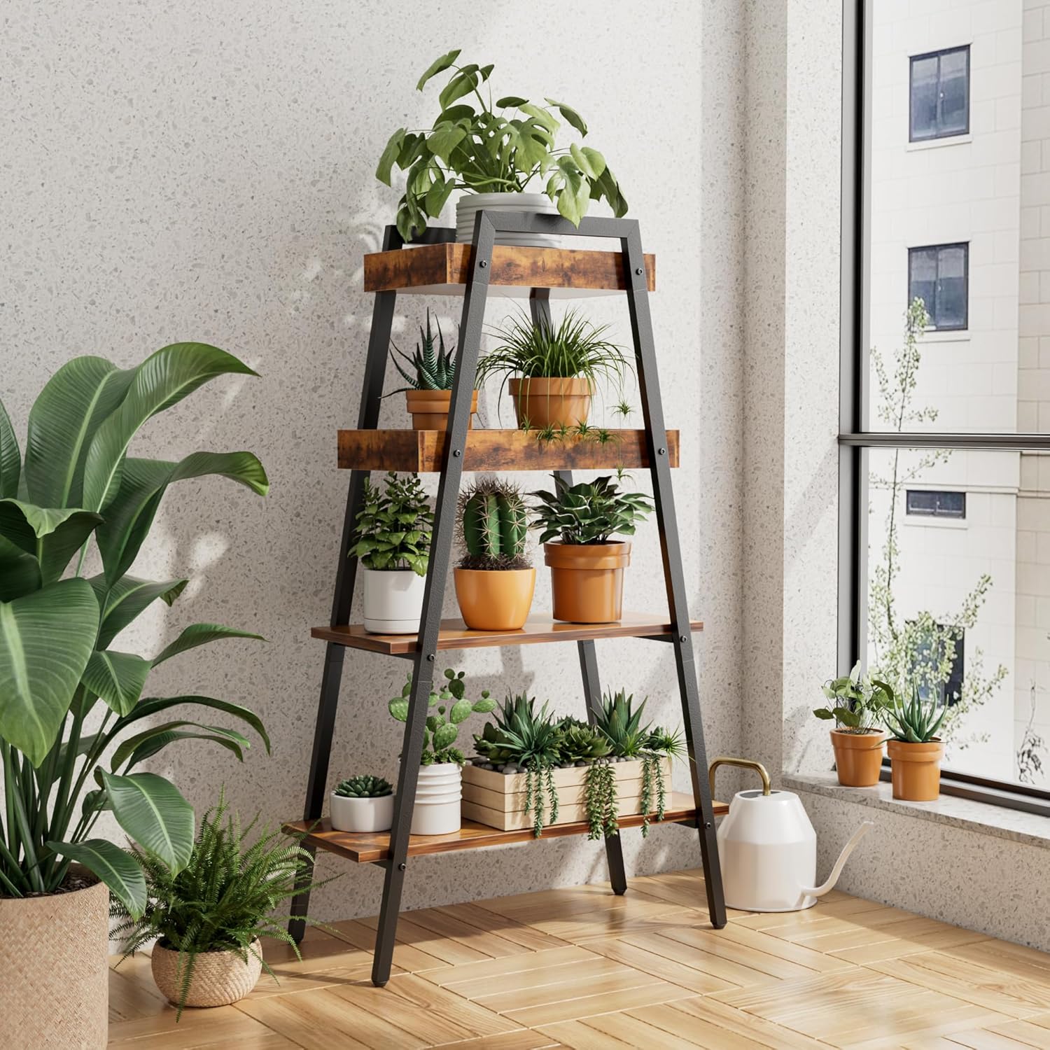 VECELO Ladder Shelf/Display Shelf 4 Tier Storage Bookcase Rack Wood & Steel