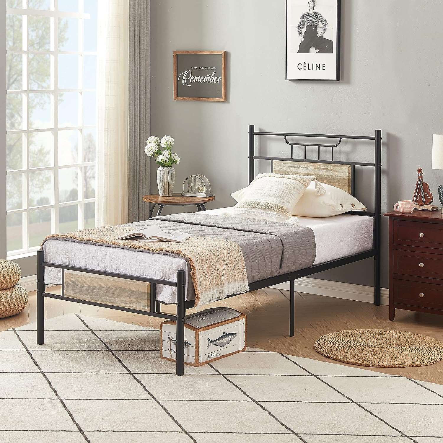 VECELO Platform Bed Frame with Wood Headboard No Box Spring Needed Heavy Duty Steel Slat