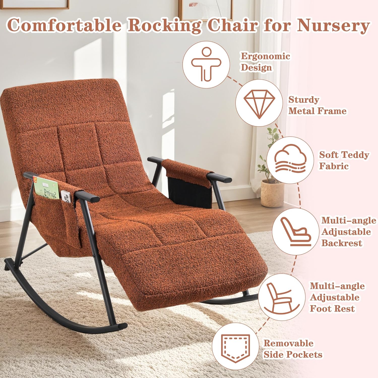 VECELO High Back Nursery Rocking Chair with Foot Rest, Teddy Upholstered Reclining Glider Rocker