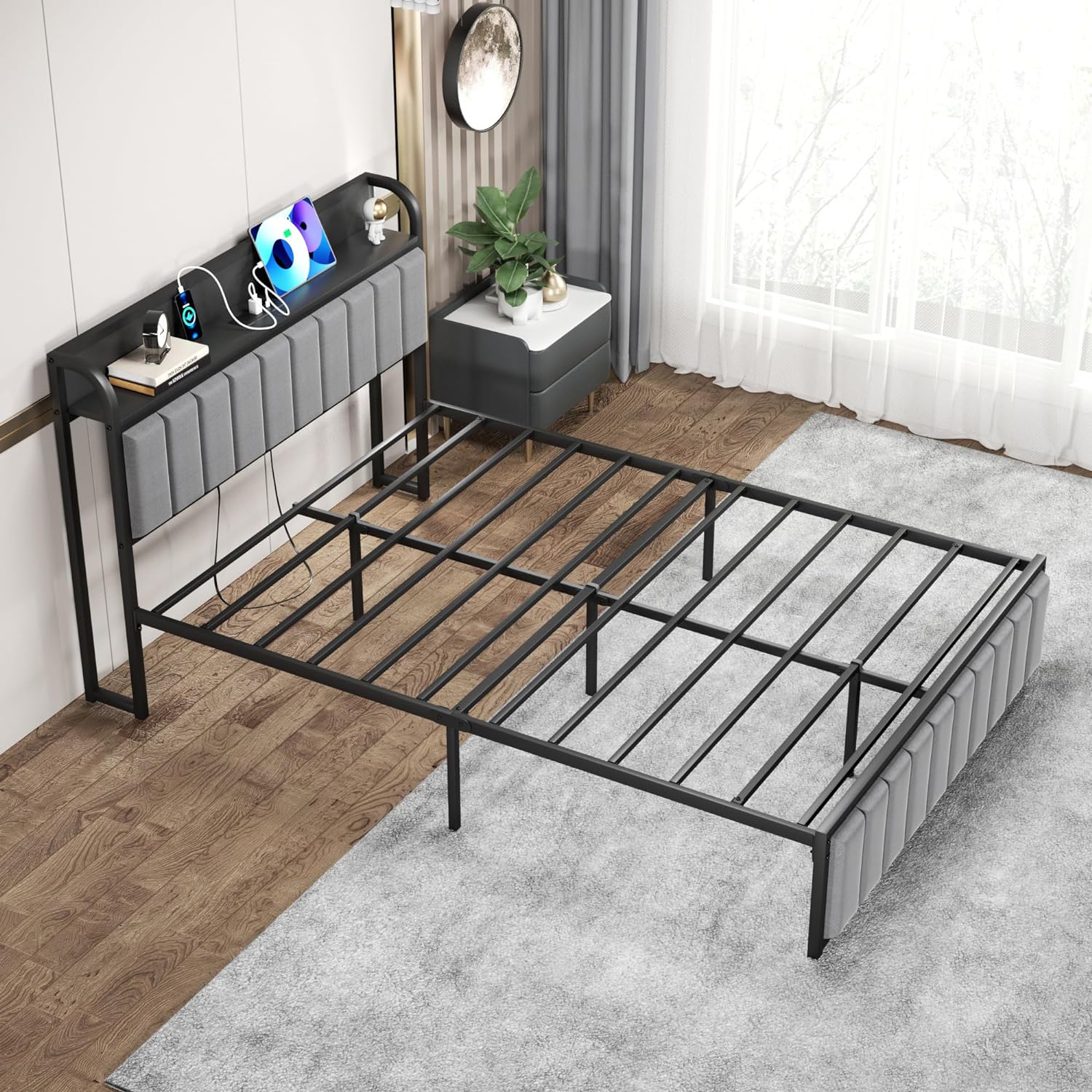 VECELO Bed Frame with Storage, Upholstered Platform Bedframe with Headboard