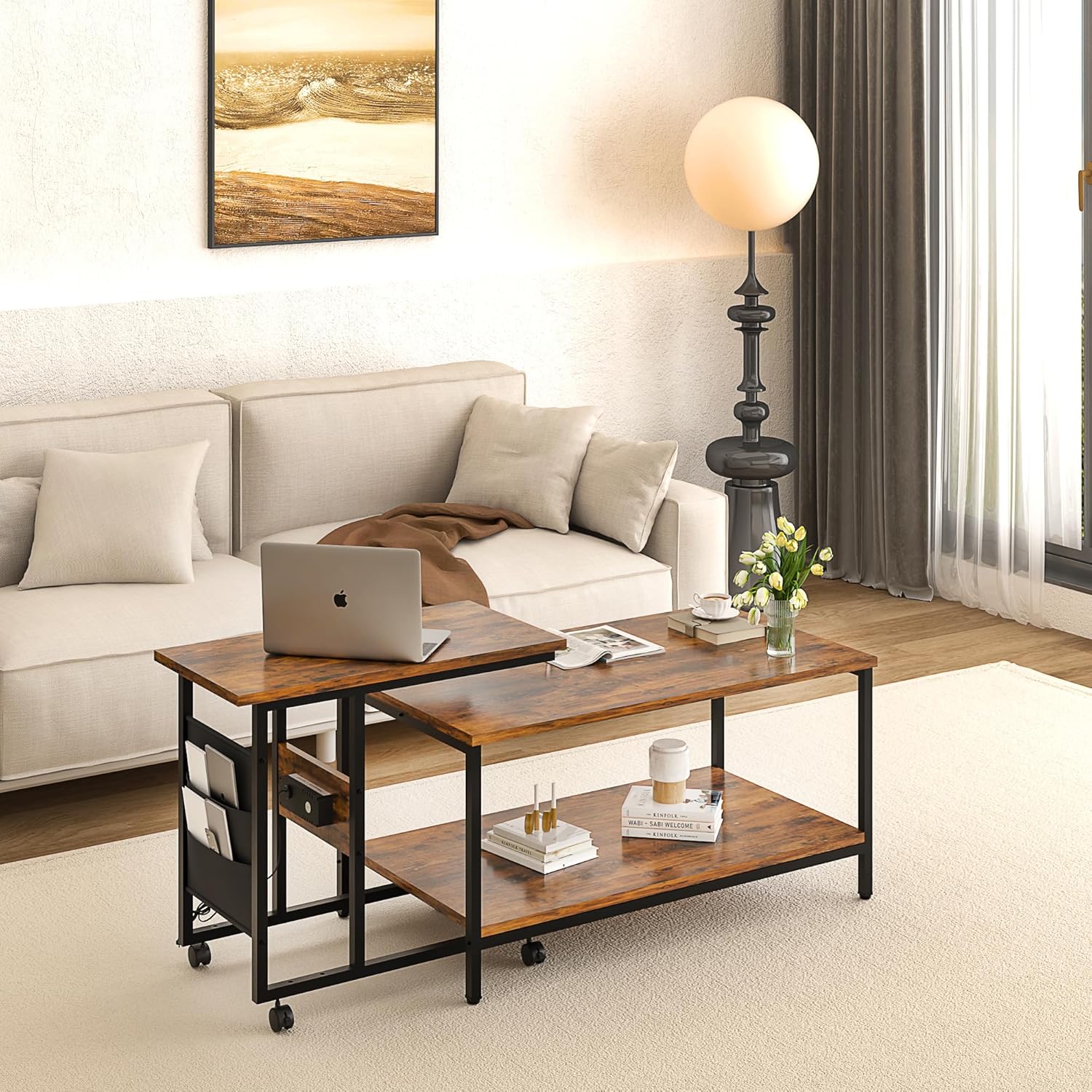 VECELO Coffee Table, Adjustable Coffee Table Set of 2 with End Table for Living Room - VECELO