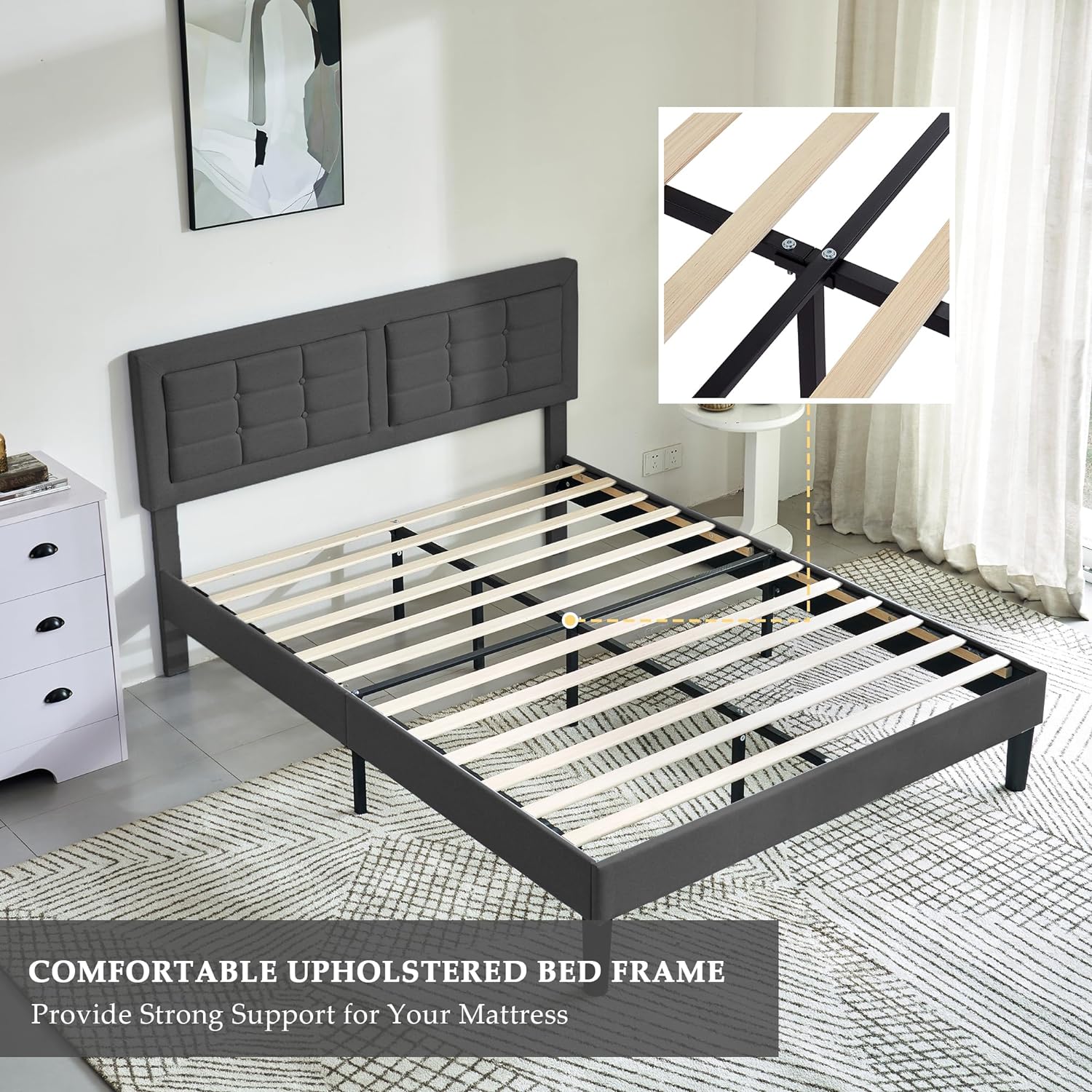 VECELO Upholstered Platform Bed Frame with Height Adjustable Headboard