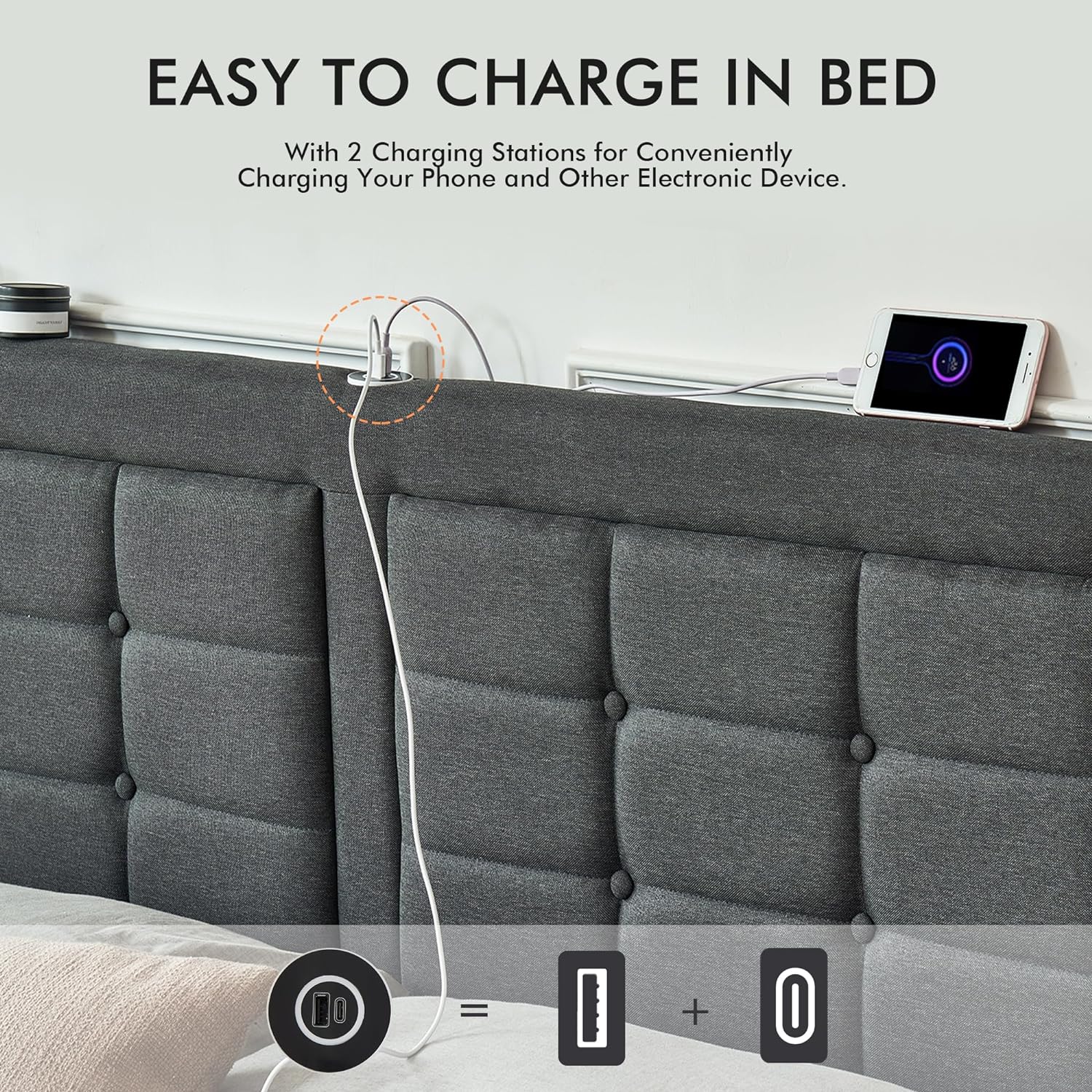 VECELO Bed Frame with 4 Drawers, Adjustable Tufted Button Headboard - VECELO