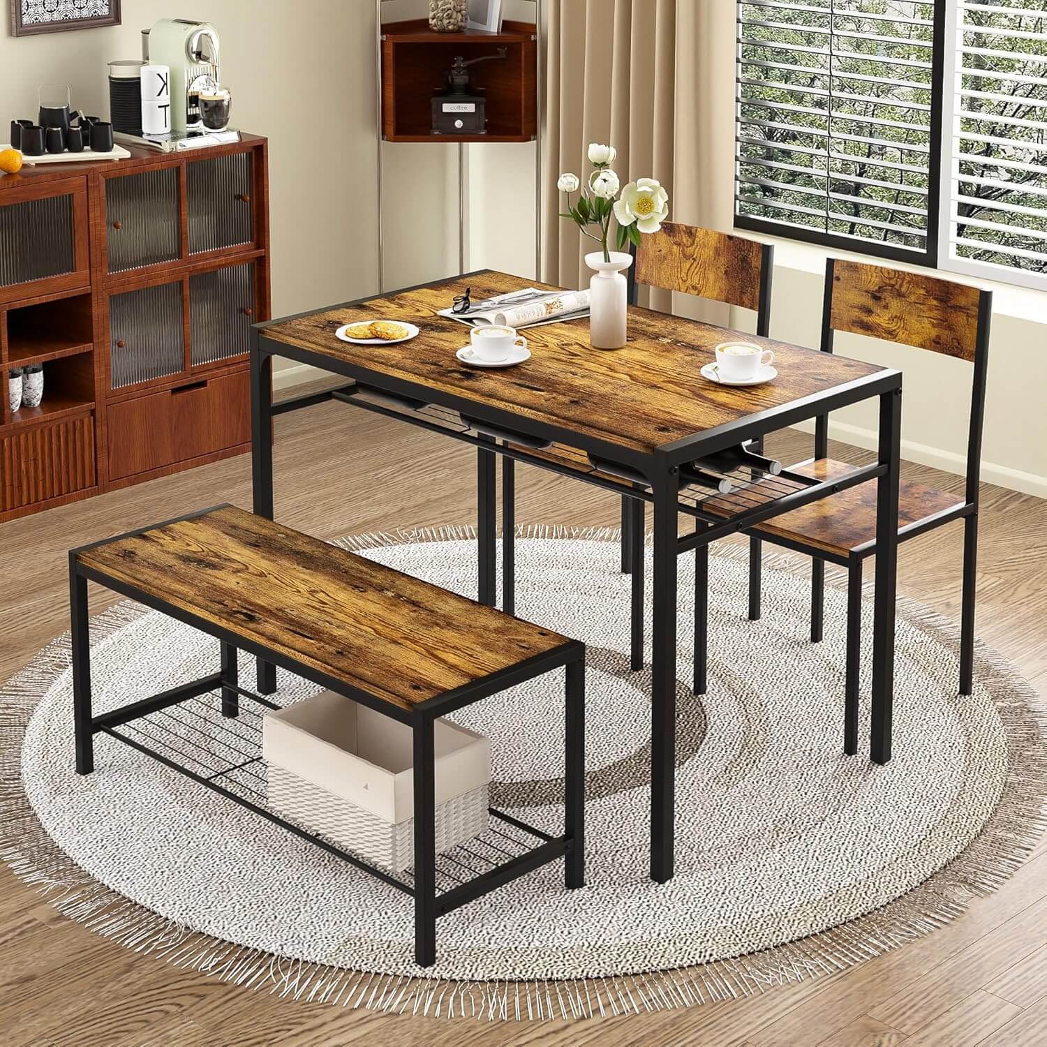 VECELO brown and black industrial dining table set with 2 chairs and bench, featuring sleek metal legs and wooden top.