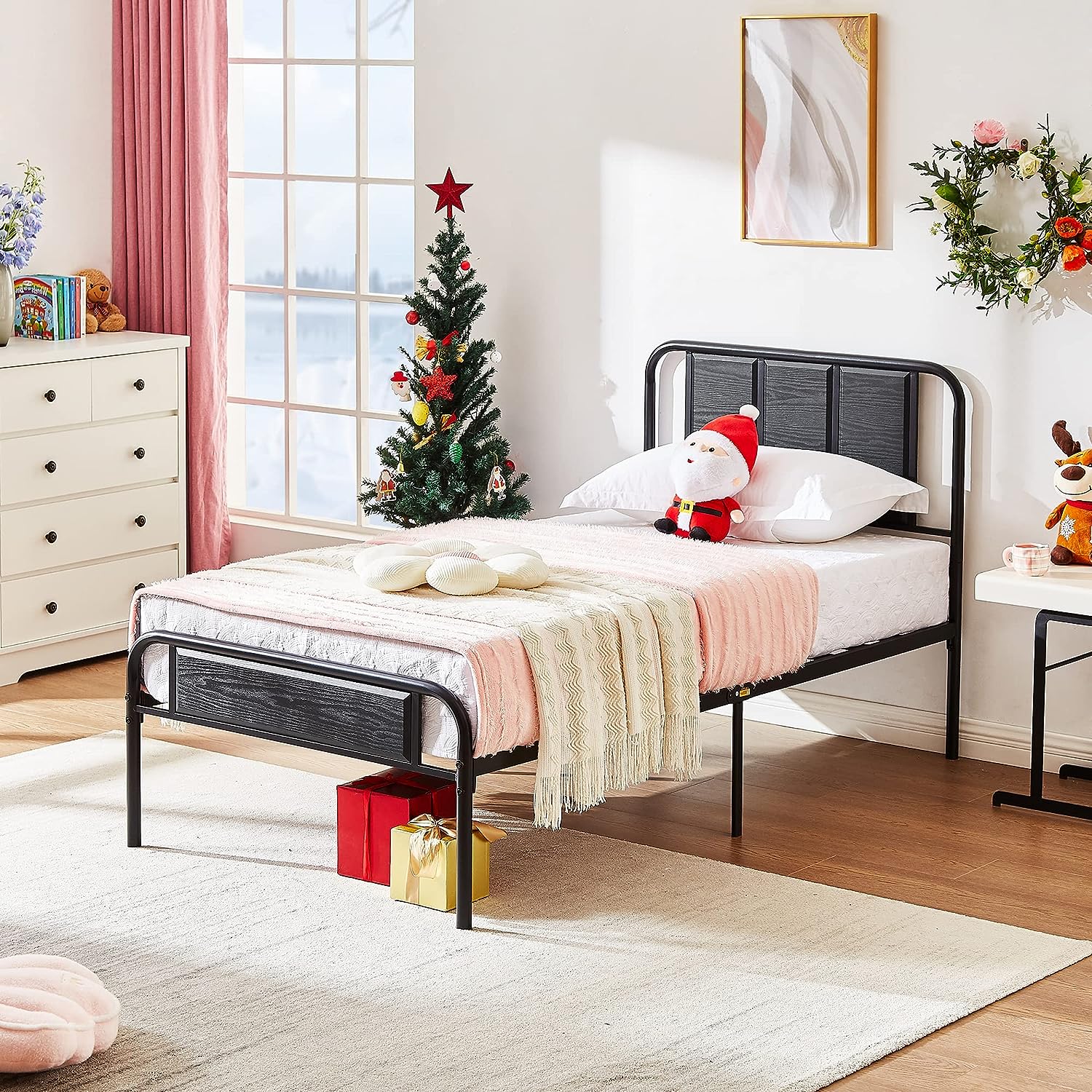 VECELO Bed Frame Metal Platform with Wooden Headboard Footboard Heavy Duty Mattress Foundation - VECELO