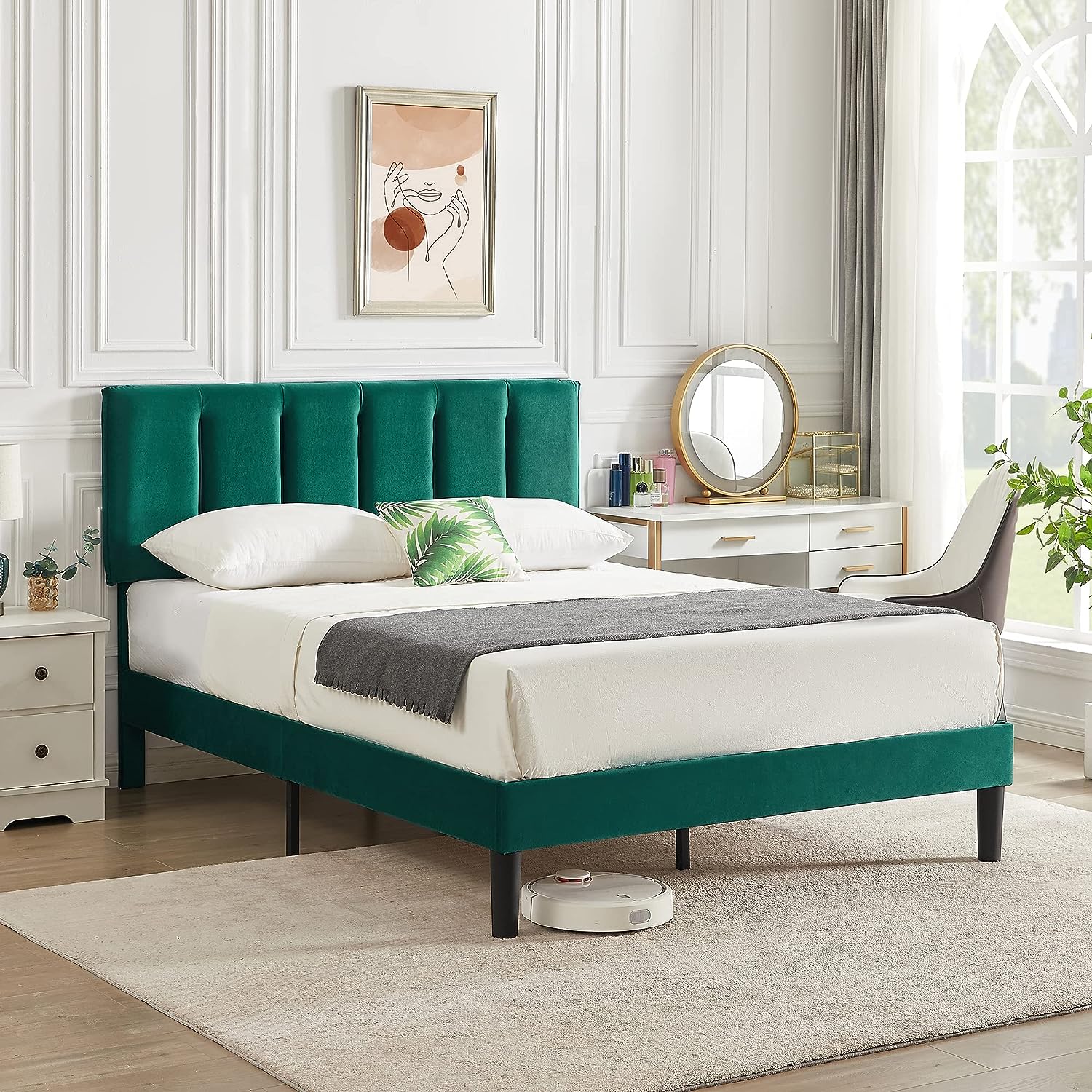 VECELO Modern Upholstered Platform Bedframe, Adjustable Headboard