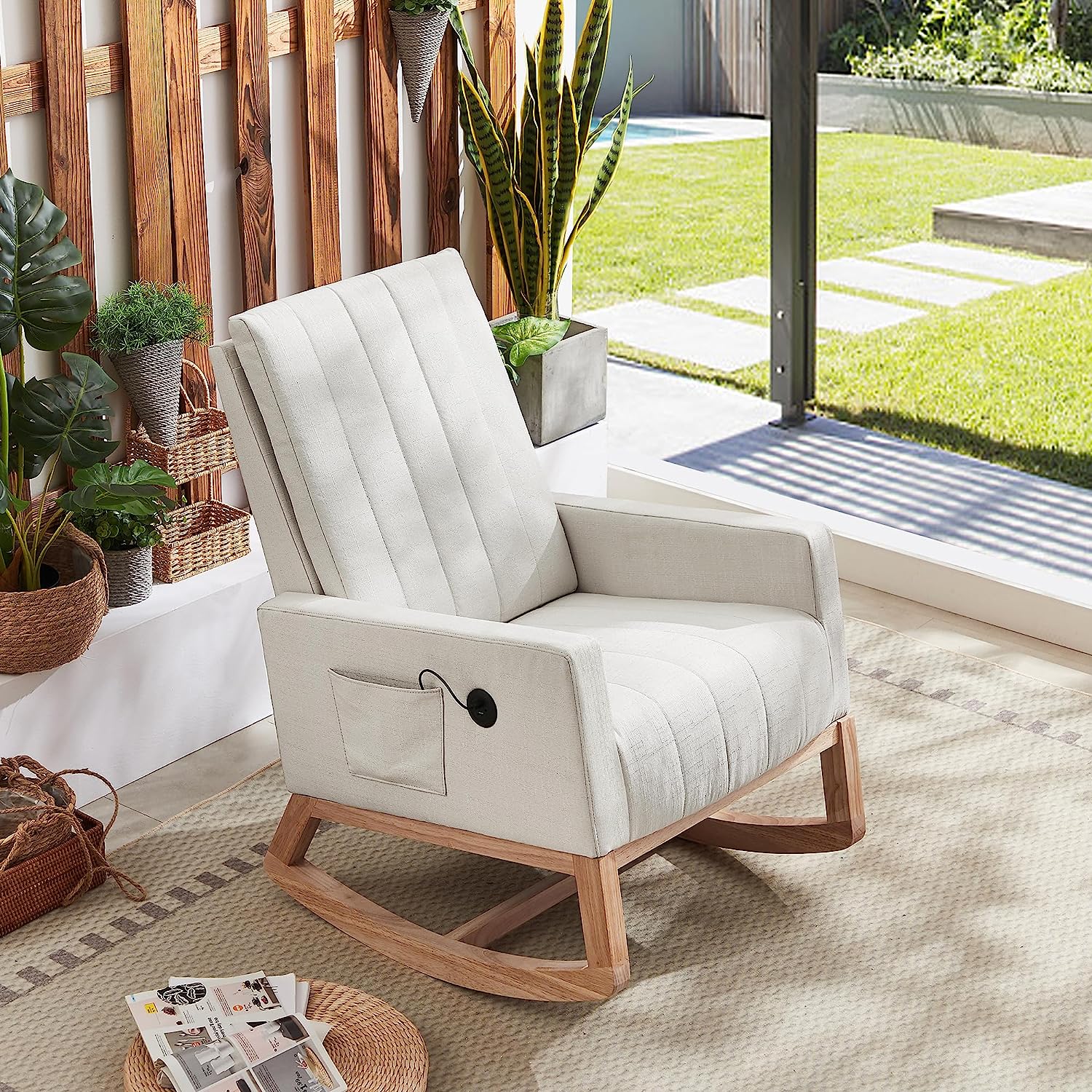 VECELO Rocking Chair Upholstered Nursery Glider Rocker High Backrest Comfy Armchair with Side Pocket and USB Port