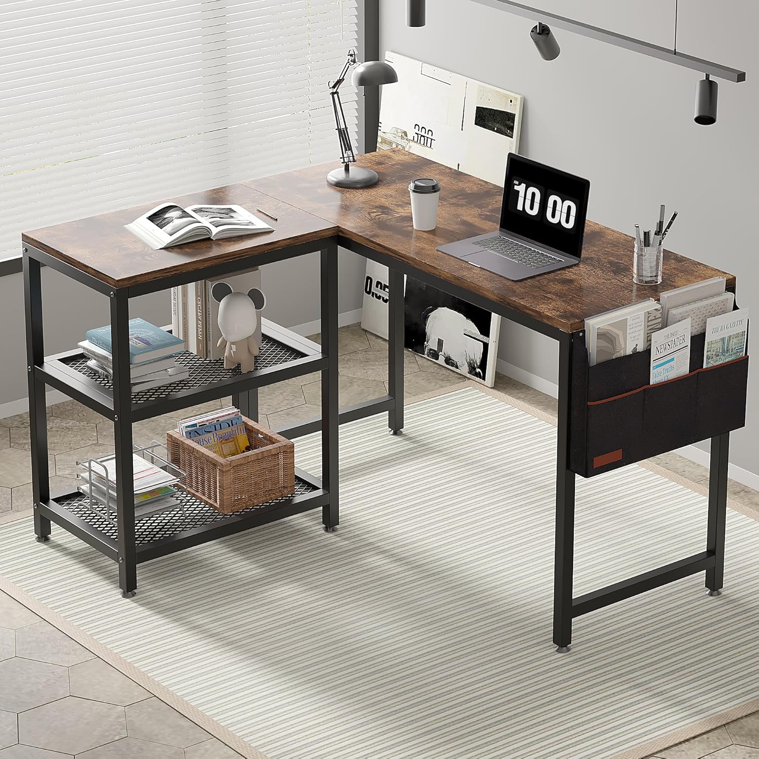 VECELO L Shaped Computer Desk with Storage Shelves & Bag